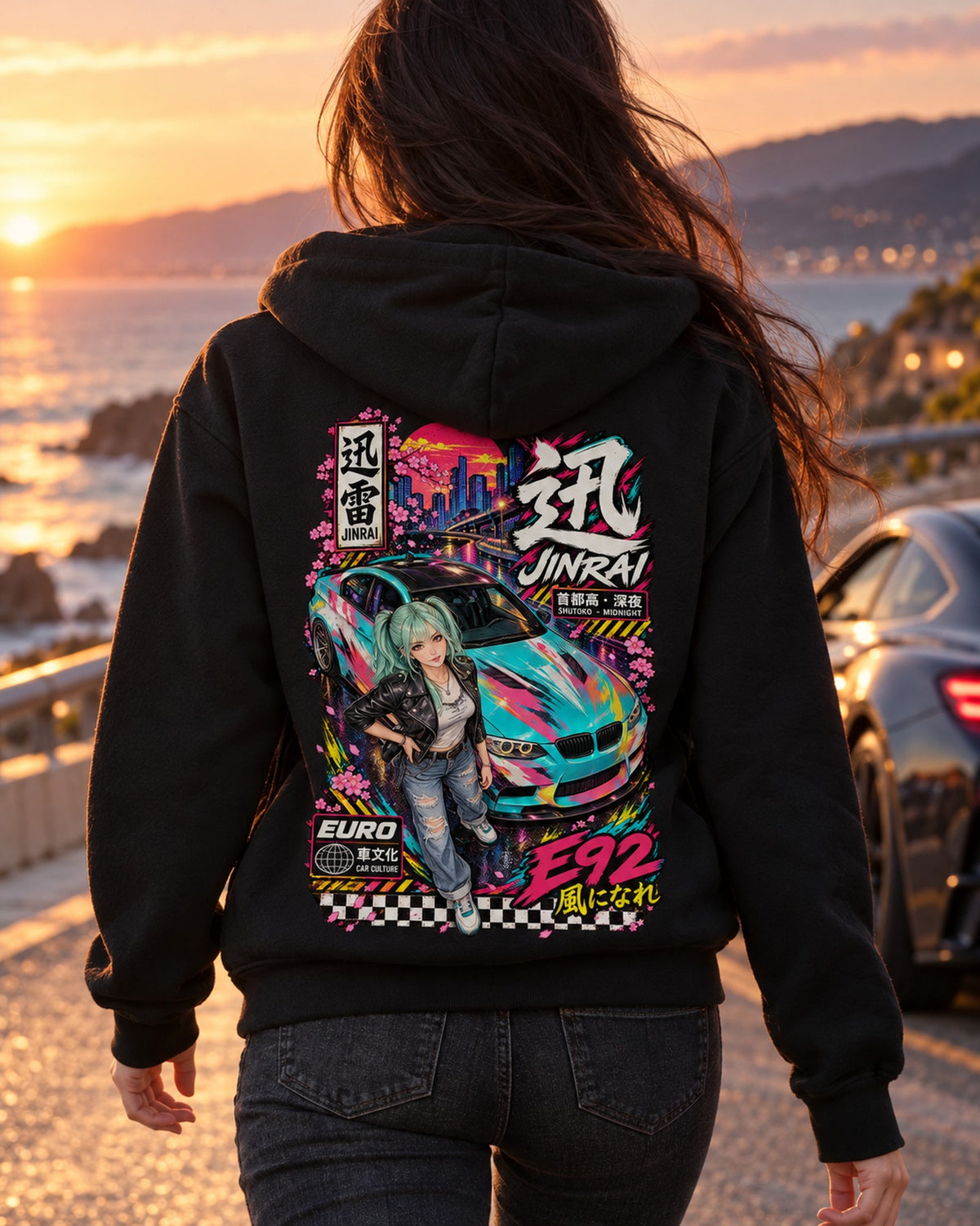 JINRAI E92 Anime Girl Full-Back Graphic Tee Zip Hoodie Black worn hero