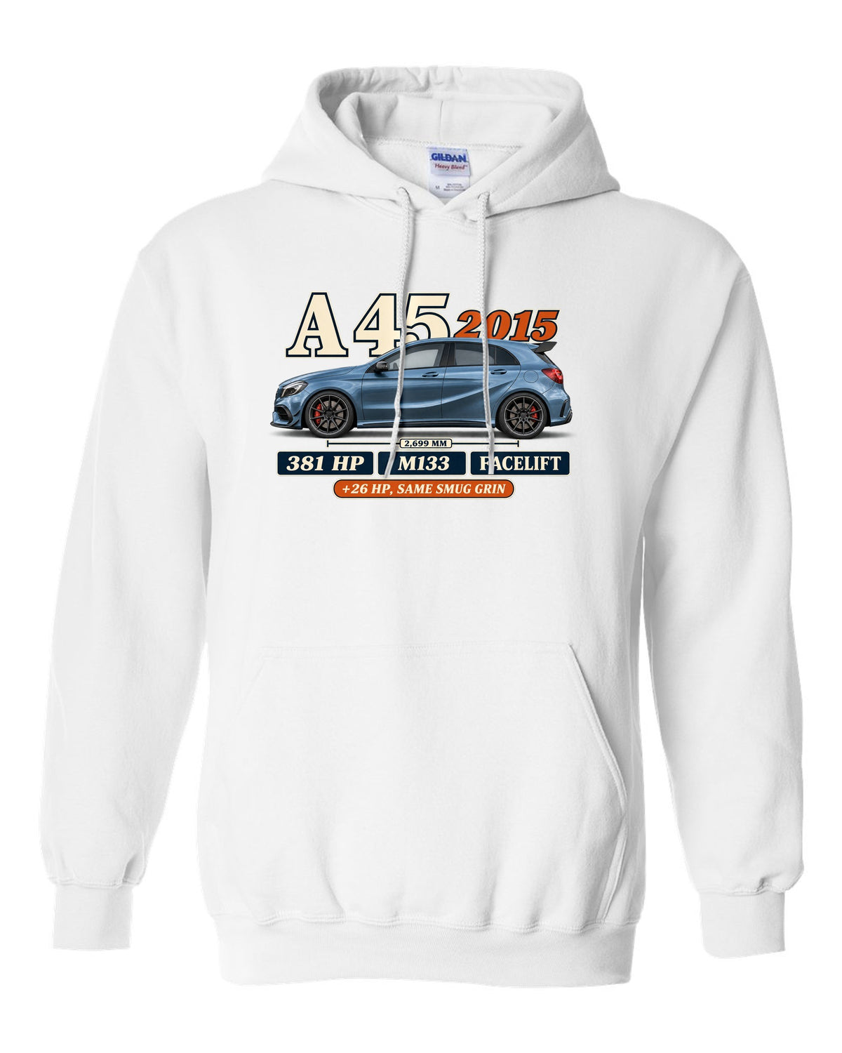 Mercedes-AMG A45 W176 facelift 2015 archive panel print white pull over hoodie front view with the design