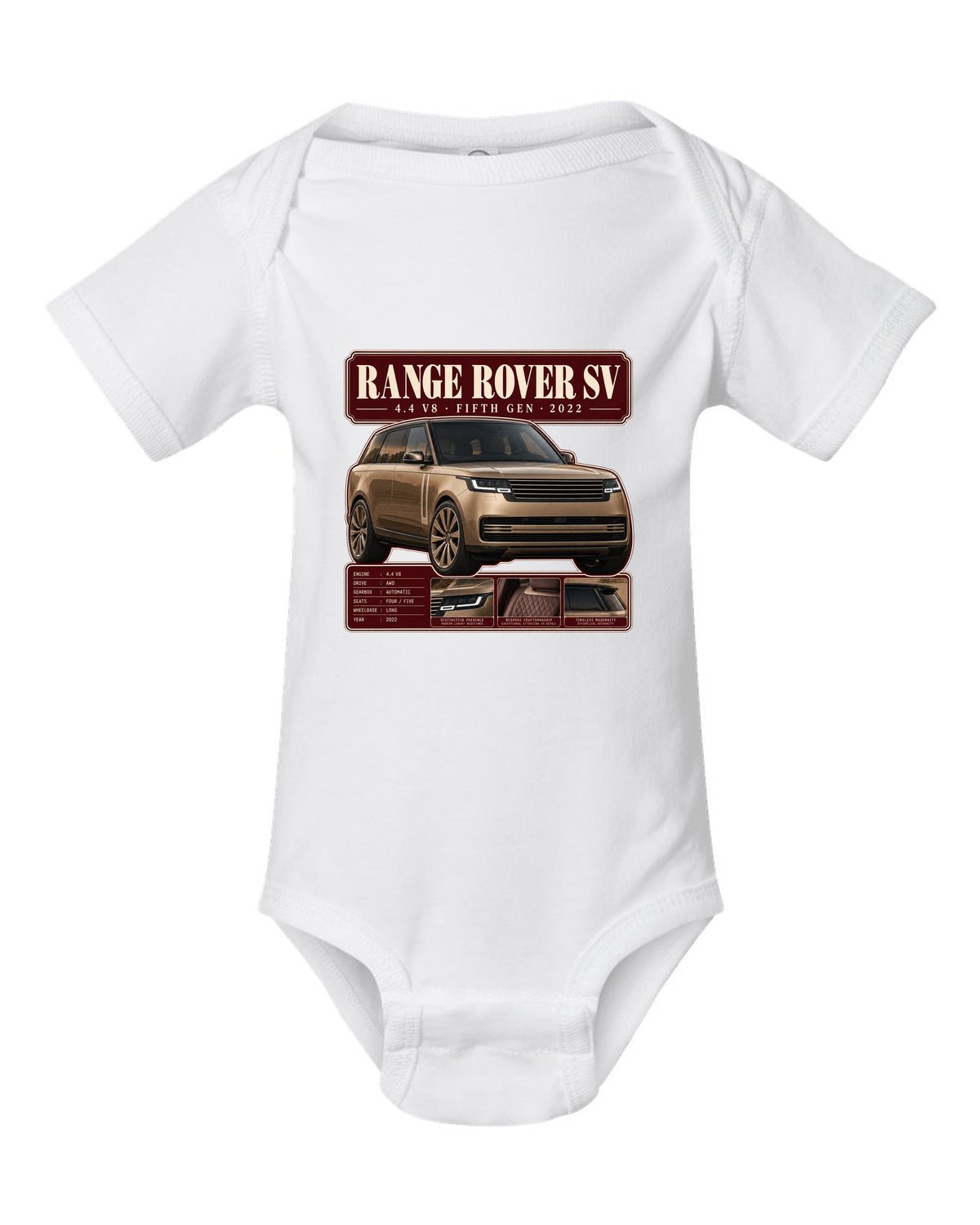 Archive panel print of the Range Rover SV L460 with 4.4 V8 and fifth generation white baby onesie front view with the design