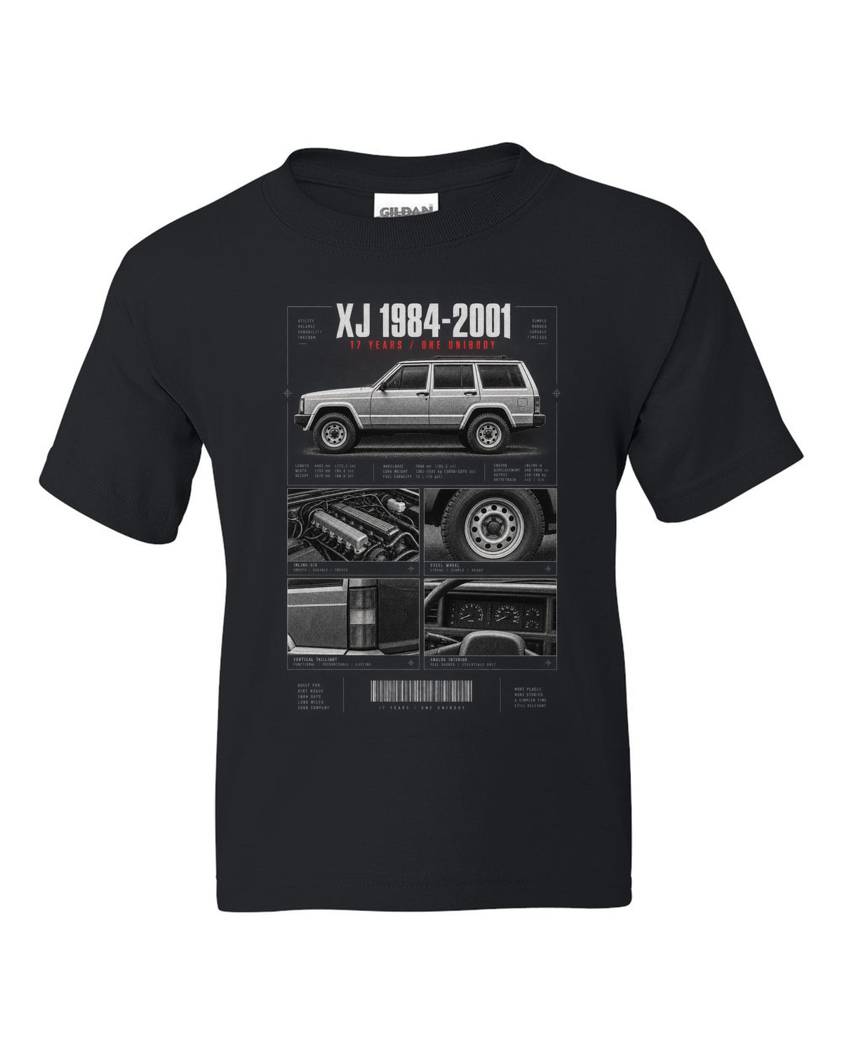 Jeep Cherokee XJ dossier panel print marking 1984 to 2001 black kids tee front view with the design