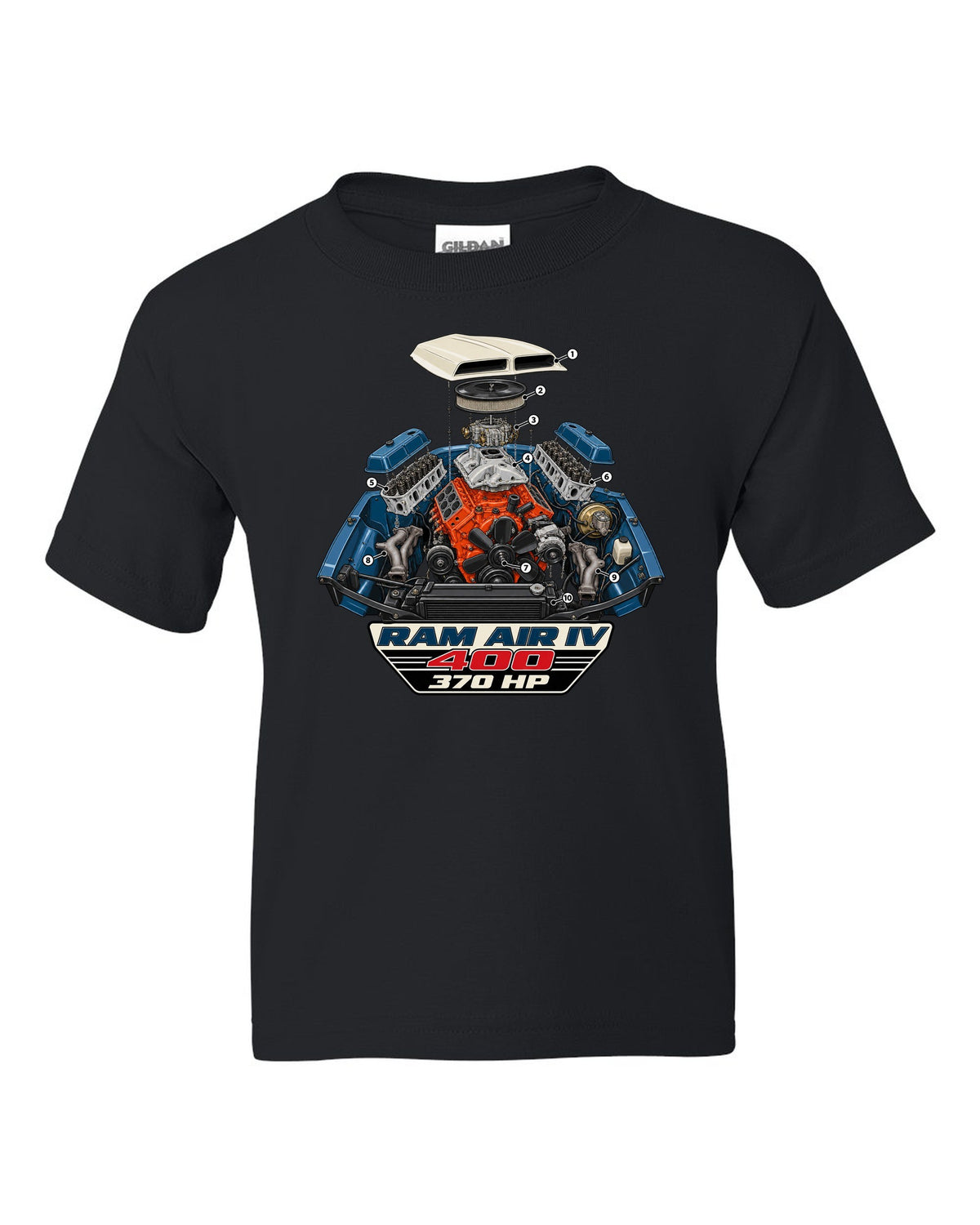 1969 Pontiac GTO Ram Air IV exploded engine bay diagram with 400 and 370 HP text black kids tee front view with the design