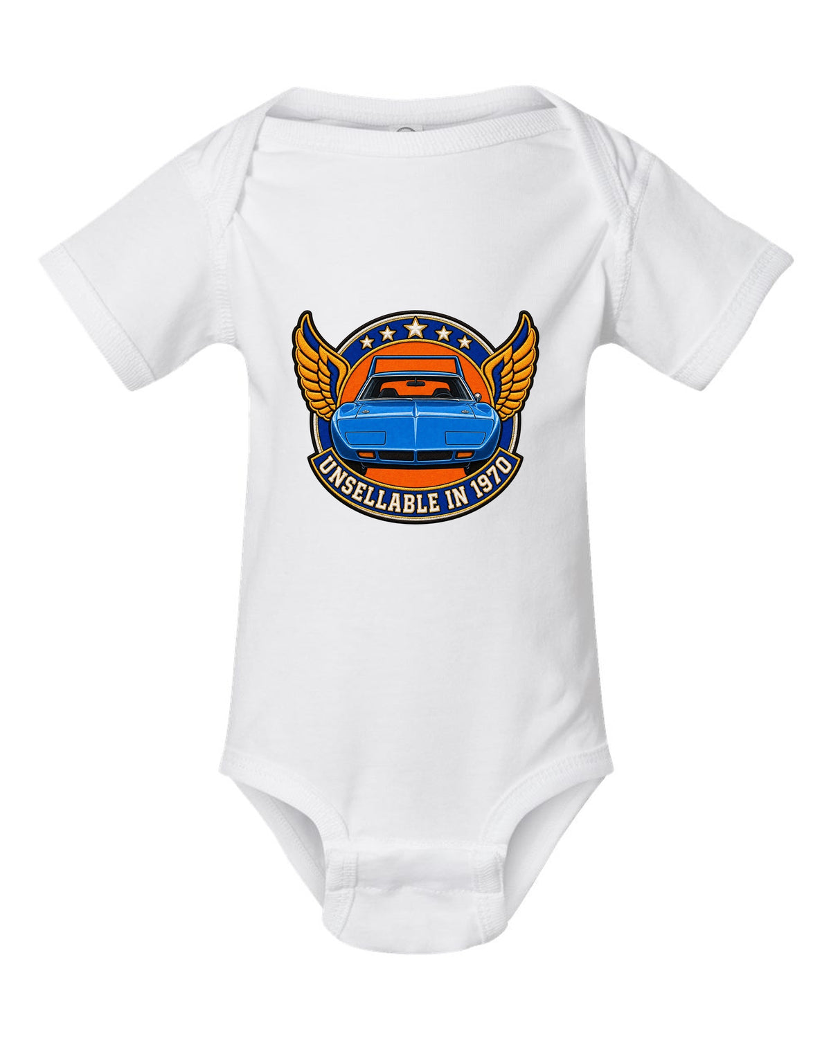 Embroidery-style varsity crest for the 1970 Plymouth Superbird with unsellable in 1970 text white baby onesie front view with the design