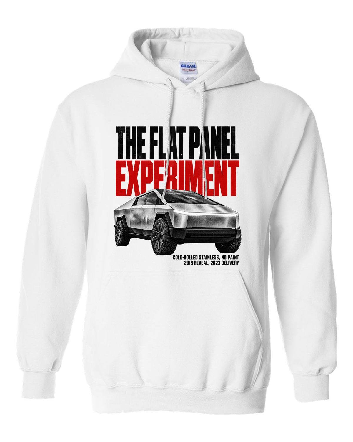 Halftone print of a 2023-24 Tesla Cybertruck with cold-rolled stainless text white pull over hoodie front view with the design
