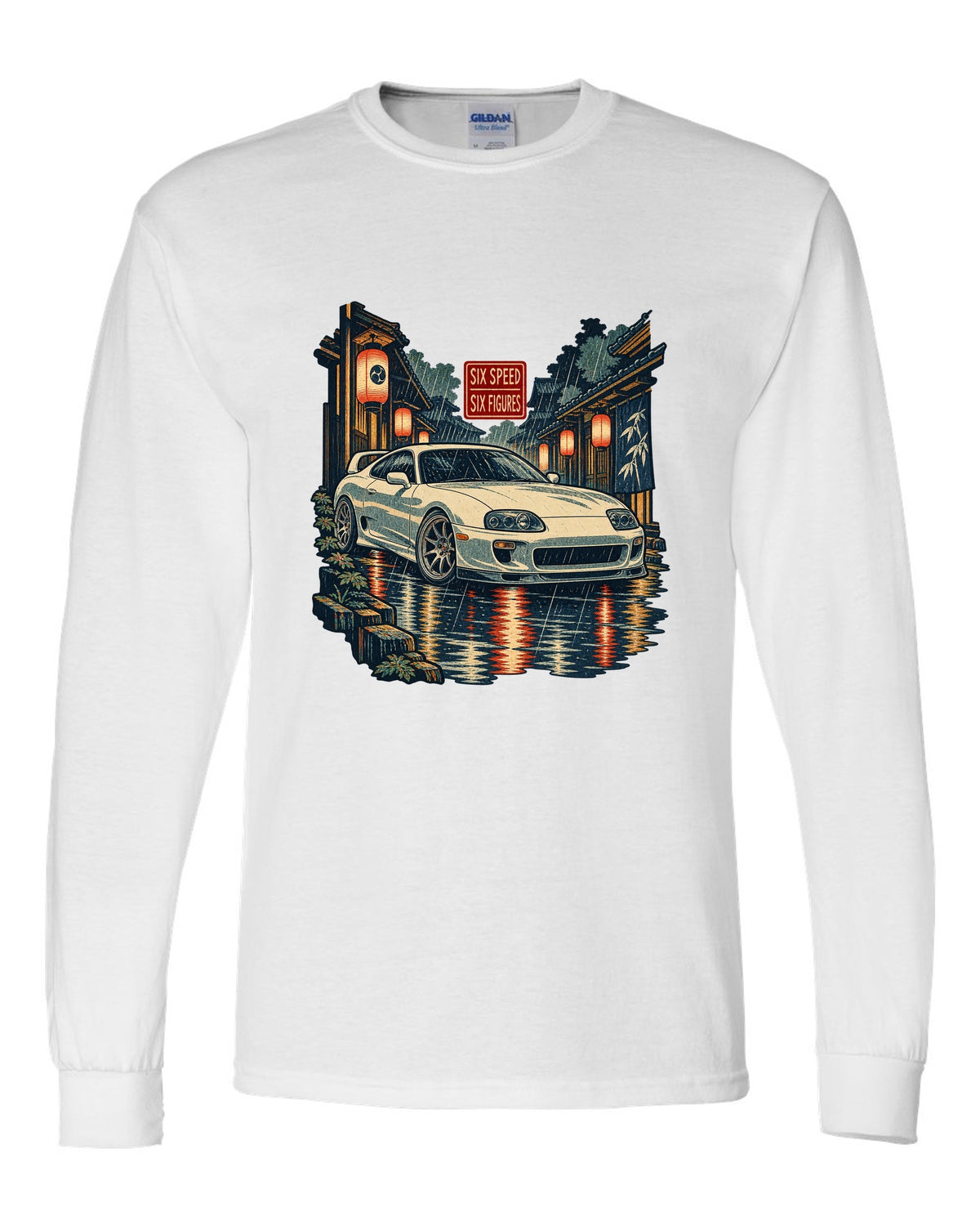 Ukiyo-e woodblock scene of a Toyota Supra A80 JZA80 in lantern rain with six speed six figures text white long sleeve front view with the design