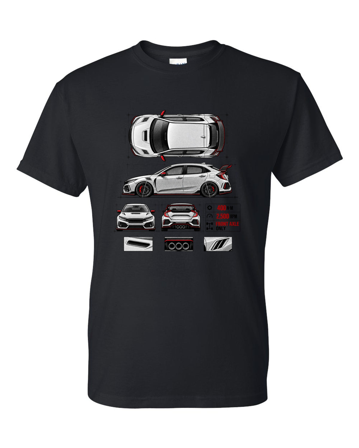 Spec poster print of a 2018 Honda Civic FK8 chback with torque figures black t-shirt front view with the design