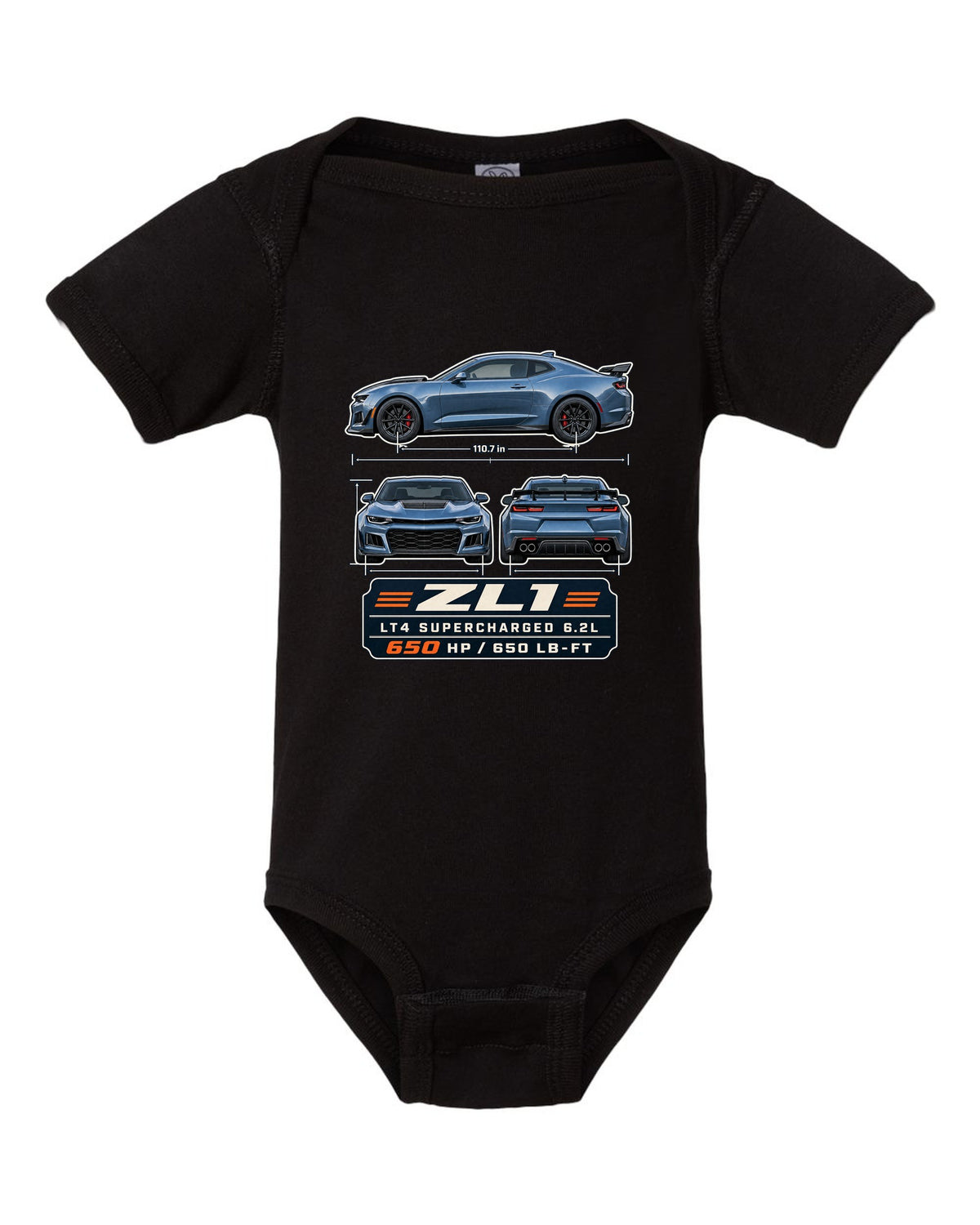 Three-view plate print of a 6th generation Chevrolet Camaro ZL1 black baby onesie front view with the design
