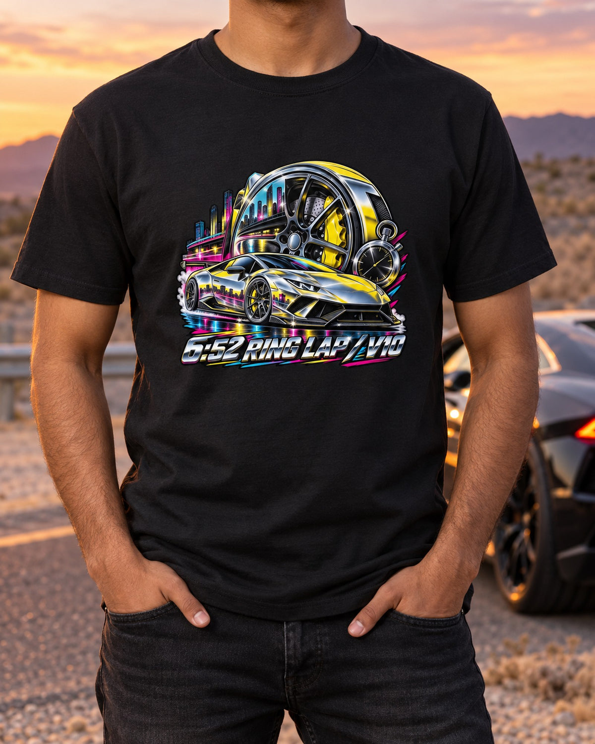 Huracan Performante LP640-4 80s Chrome Wheel Tee, Ring Lap T-Shirt Black worn hero