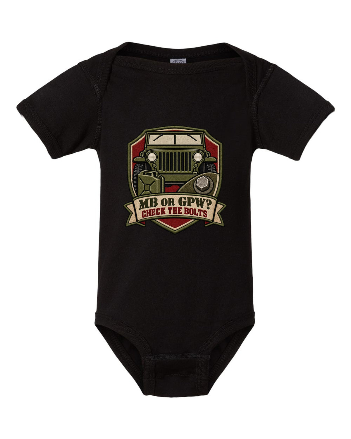 Embroidery-style service crest print of a Willys MB and Ford GPW with bolts text black baby onesie front view with the design