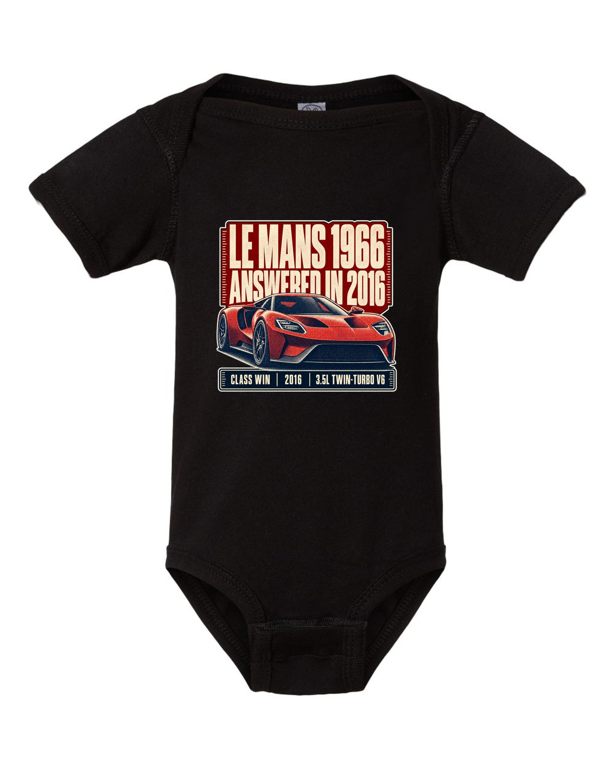 Halftone print of a Ford GT low front three-quarter with Le Mans 1966 and 2016 text black baby onesie front view with the design