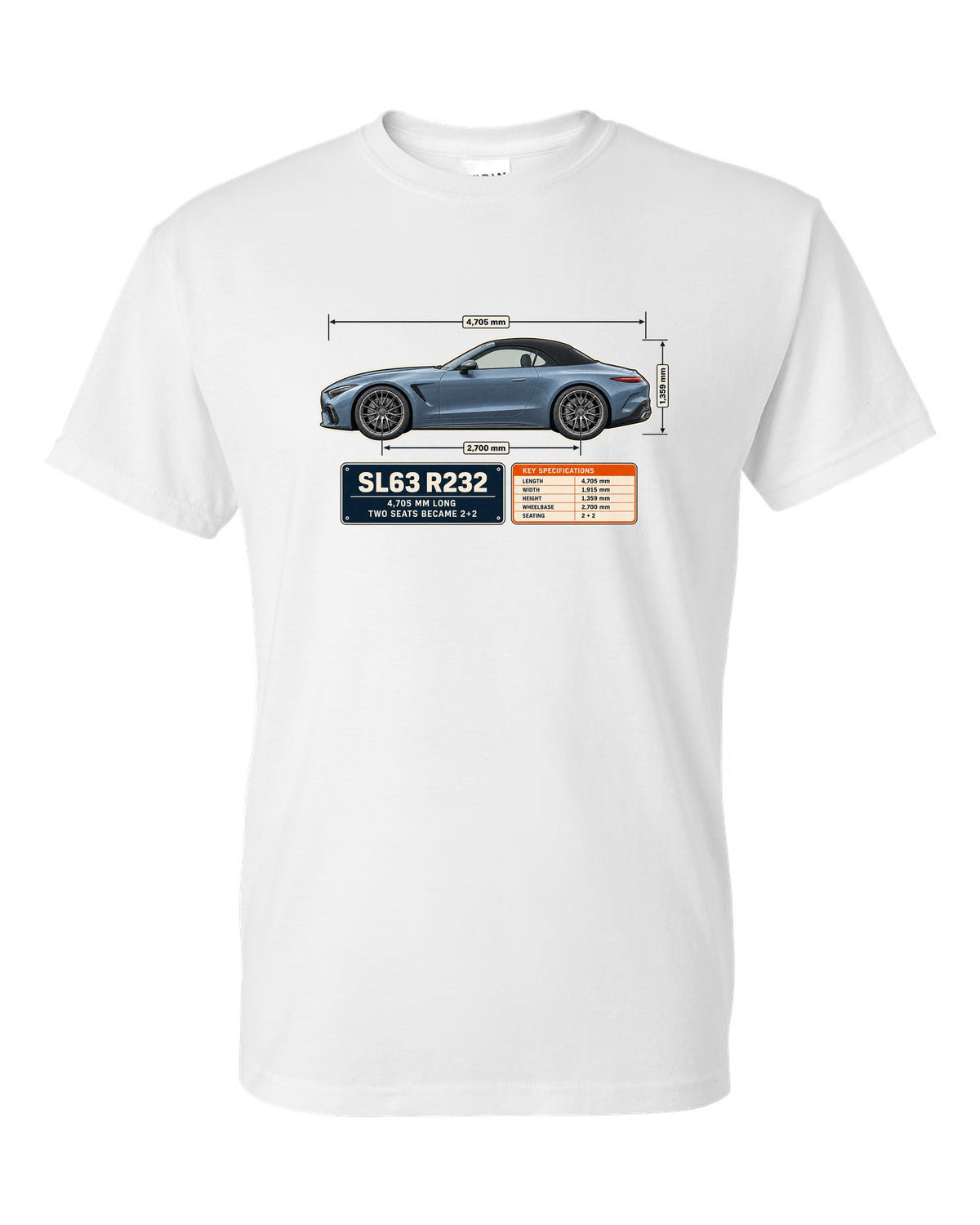 Mercedes-AMG SL63 R232 Dimension Blueprint white t-shirt front view with the design