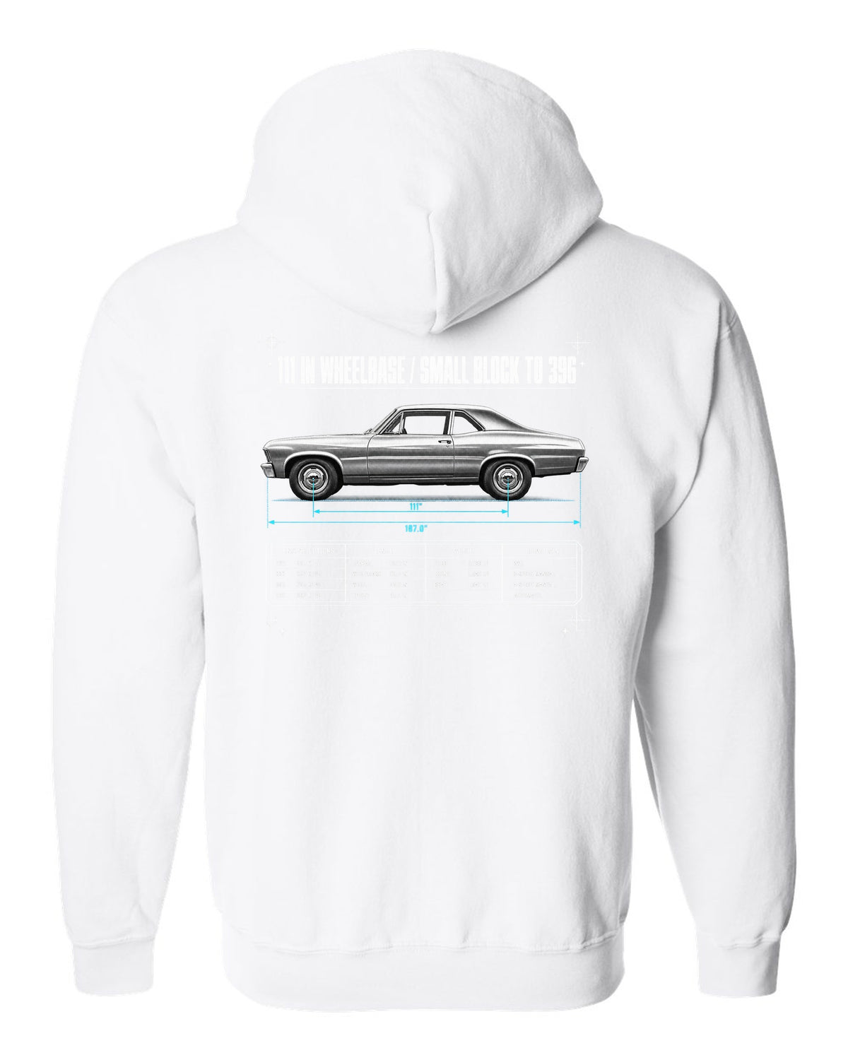 1968 Nova X-Body Spec Poster white zip hoodie back view with the design