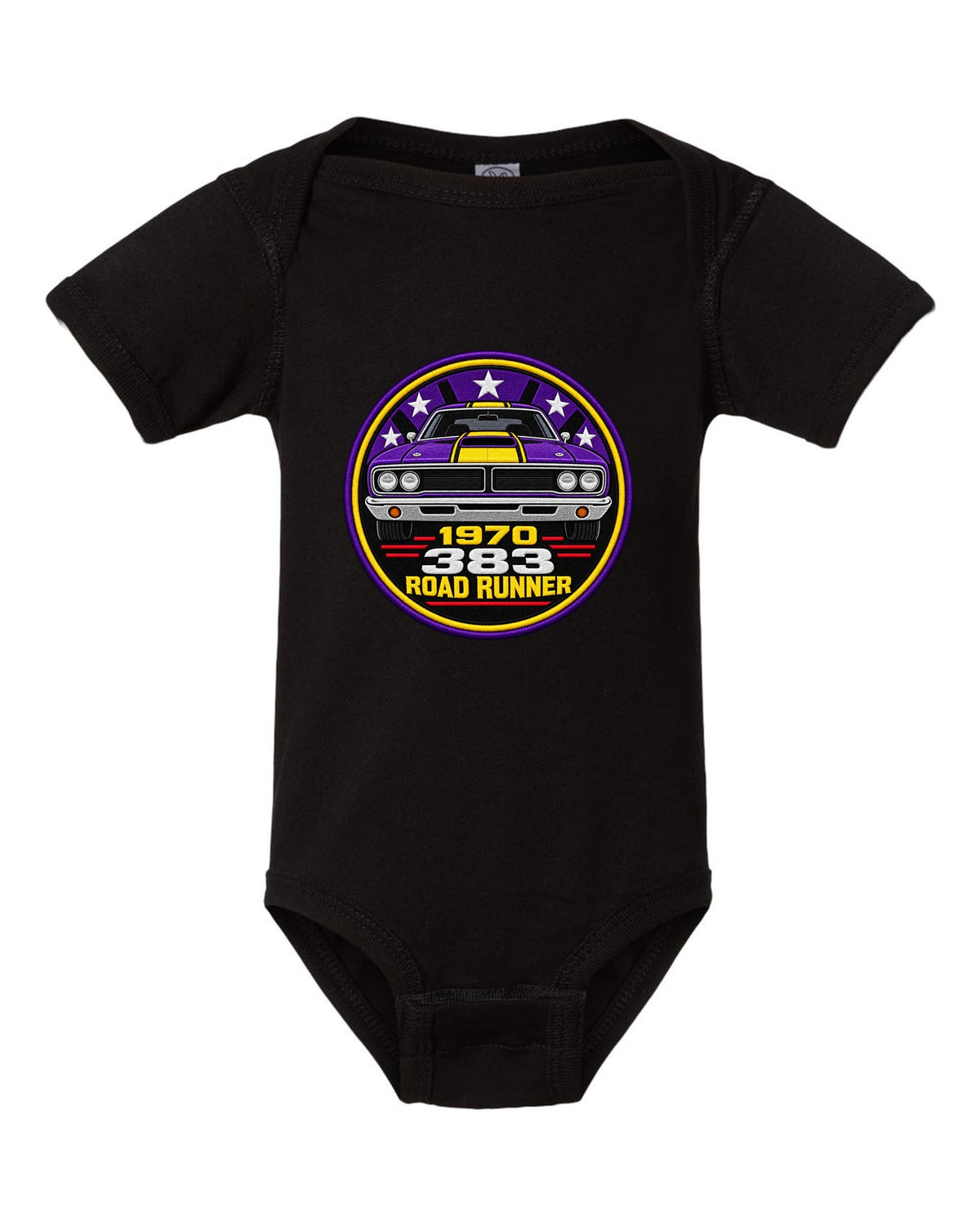 Original round crest print for a 1970 Plymouth Road Runner with 383 lettering black baby onesie front view with the design