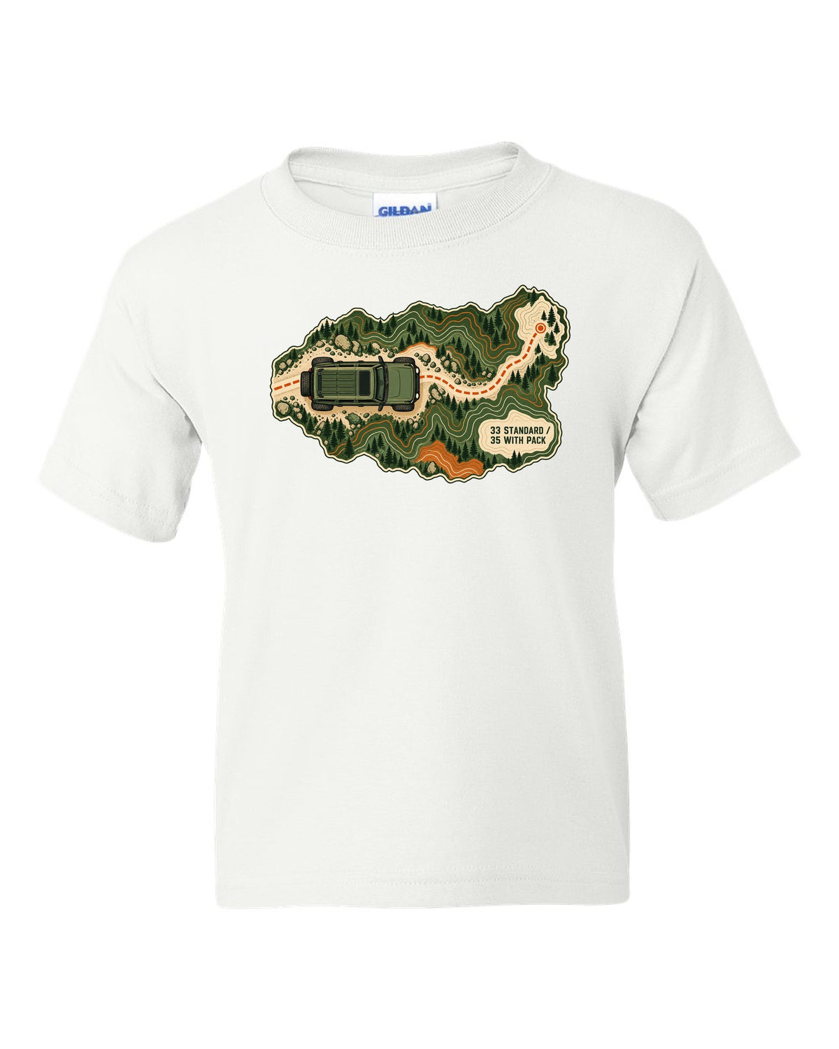 Topographic route map art of a 2021 Ford Bronco 4-door Badlands with 33 STANDARD 35 WITH PACK notes white kids tee front view with the design