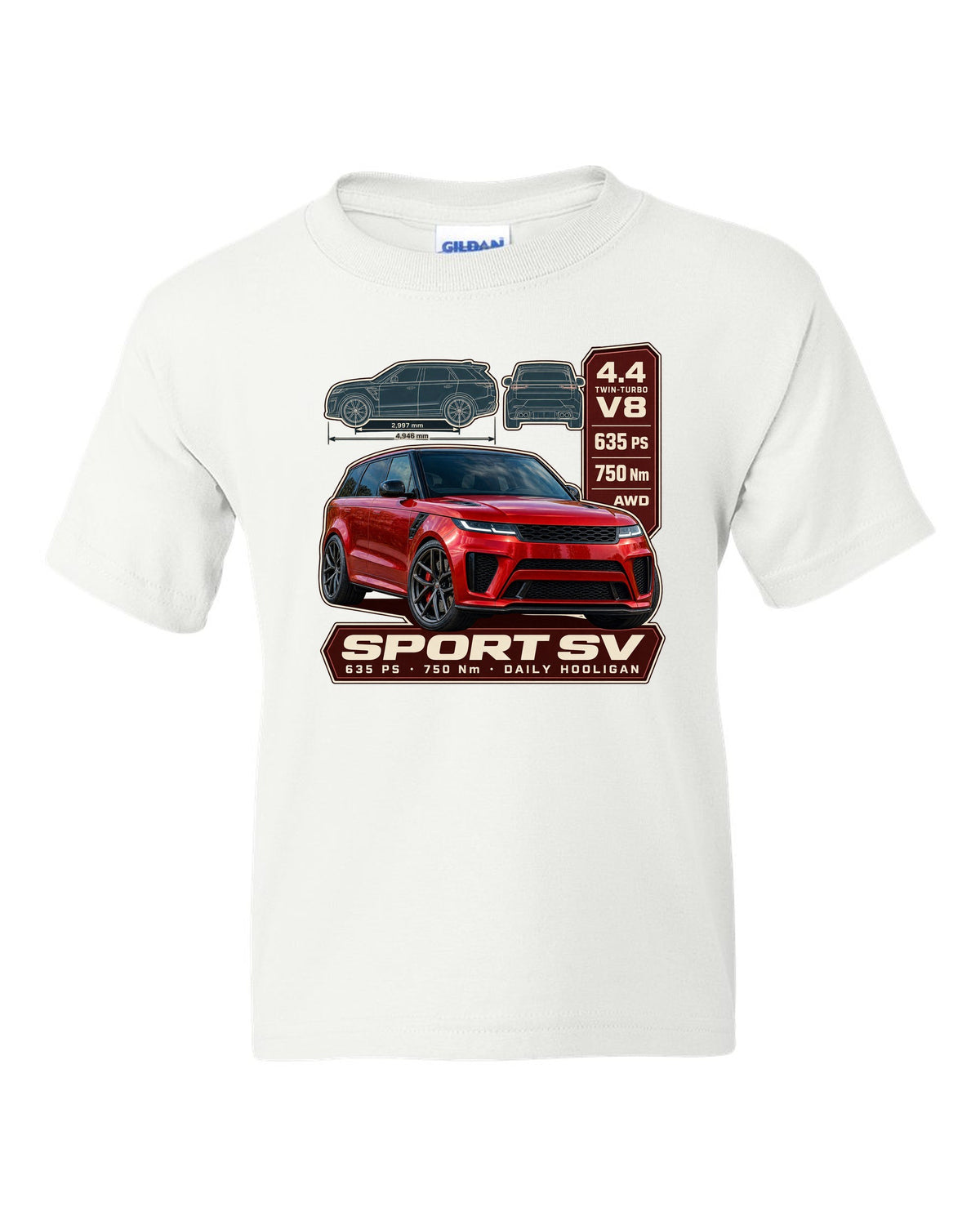 Spec poster print of the Range Rover Sport SV L461 with power and torque white kids tee front view with the design