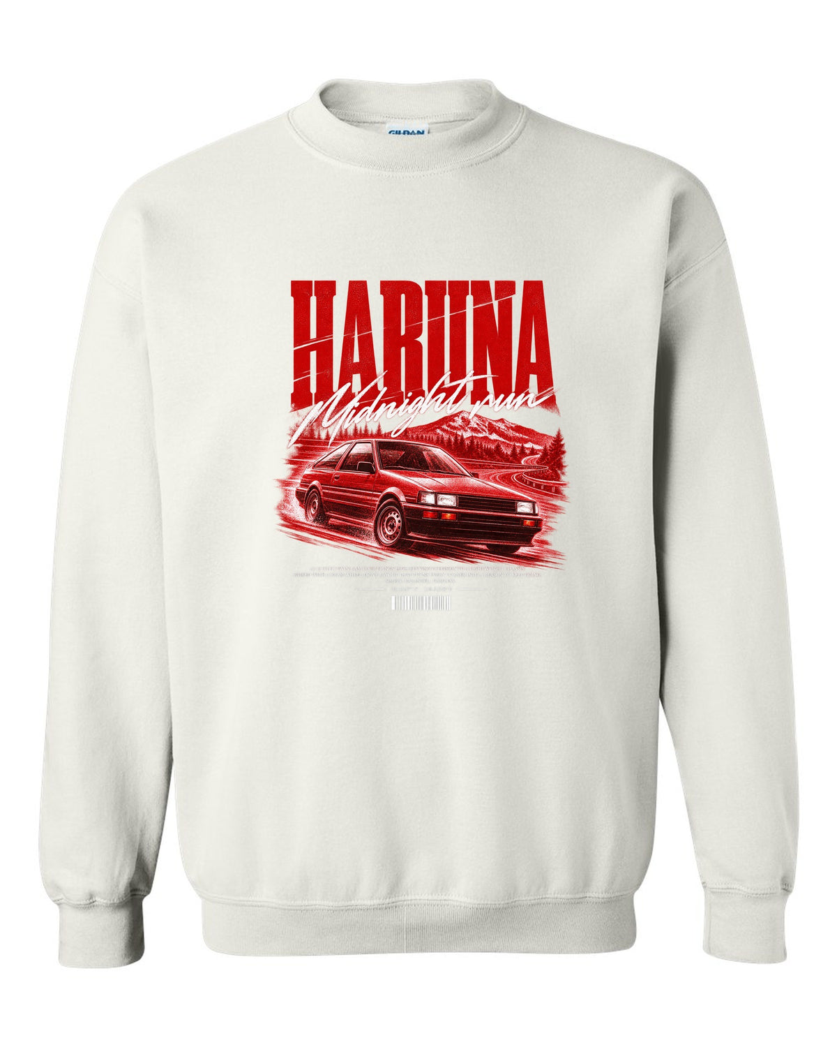 Street poster print of a Toyota Corolla Levin AE86 with the text Haruna Midnight Run white crewneck front view with the design
