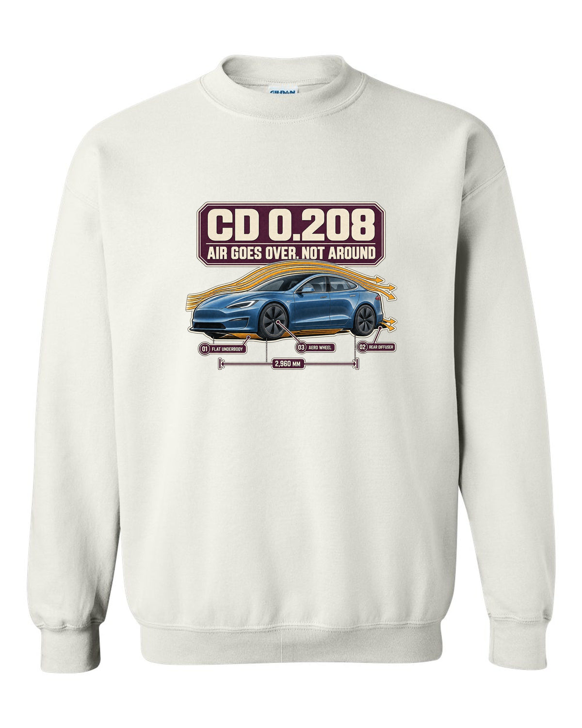 Aero callout print of a Tesla Model S Plaid with drag coefficient 0.208 white crewneck front view with the design