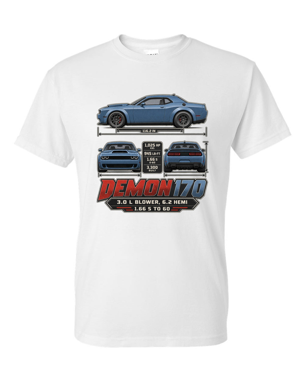 Dodge Challenger SRT Demon 170 dimension blueprint print white t-shirt front view with the design