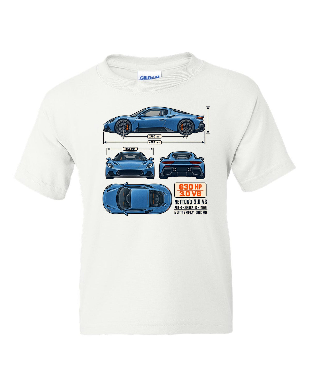 Maserati MC20 dimension blueprint print on a shirt white kids tee front view with the design