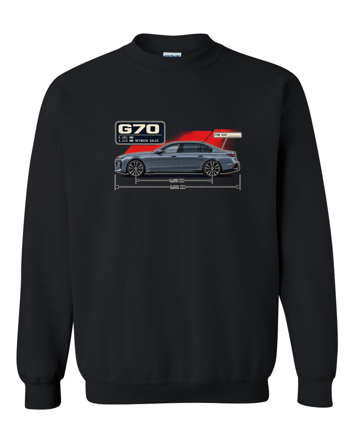 Dimension blueprint print of the BMW i7 M70 xDrive G70 black crewneck front view with the design