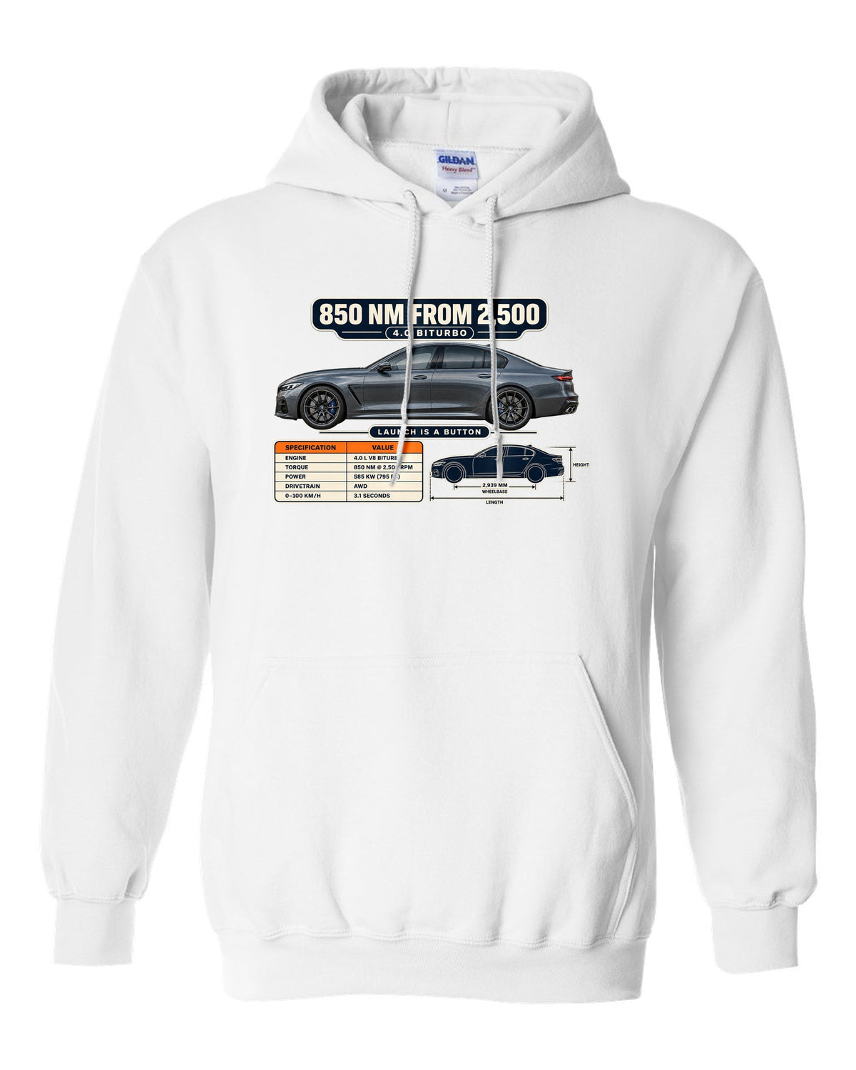 Spec poster print of a Nardo-style grey Mercedes-AMG E63 S W213 facelift white pull over hoodie front view with the design