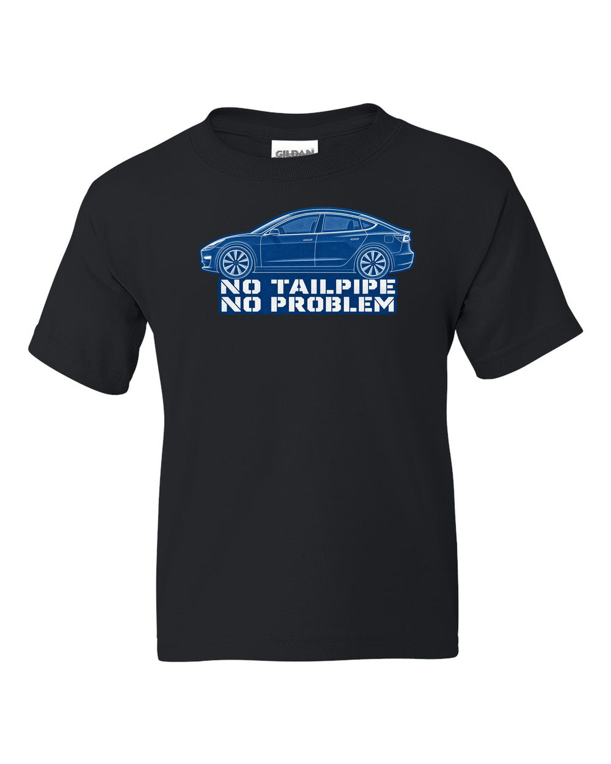 Cyanotype negative blueprint of a 2017-2023 Tesla Model 3 with the words No Tailpipe No Problem black kids tee front view with the design