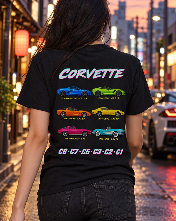 Chevy Corvette Evolution Poster Full-Back Graphic Tee T-Shirt Black worn hero