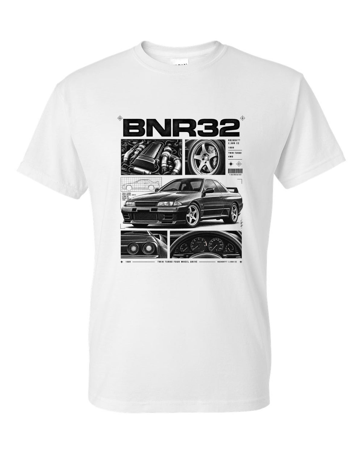 Dossier panel print of a Nissan Skyline GT-R R32 BNR32 with RB26DETT specs white t-shirt front view with the design