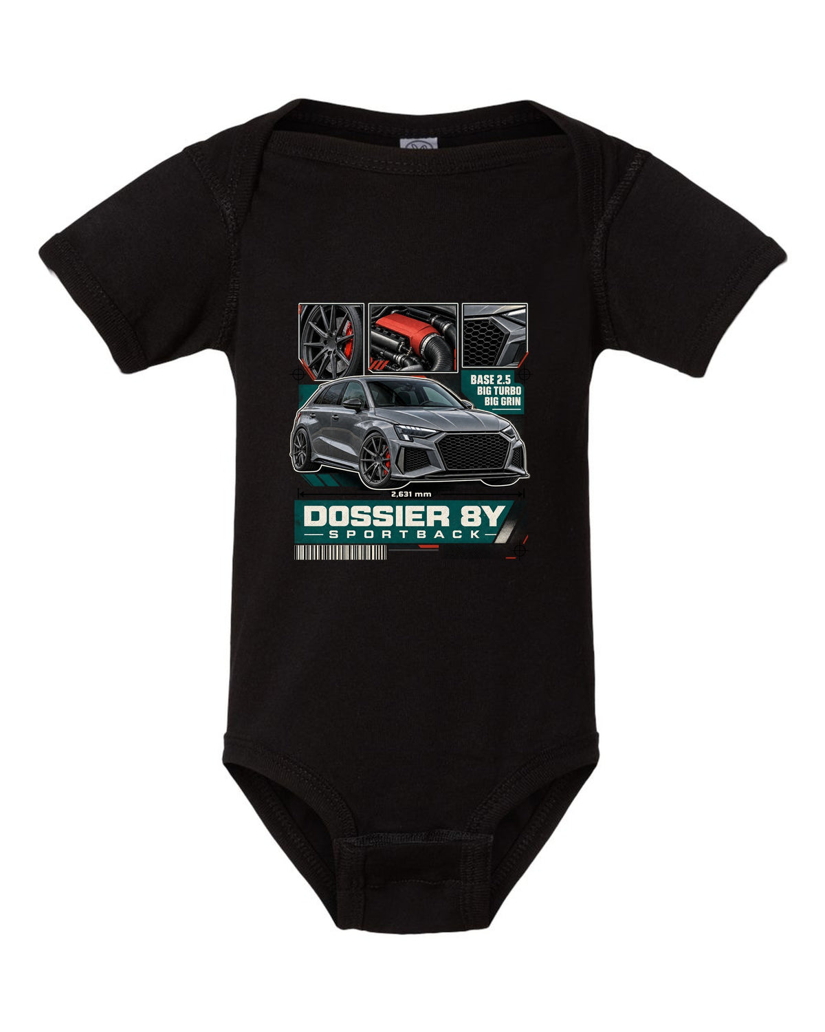 Three-panel dossier of an Audi RS3 8Y Sportback pre-facelift black baby onesie front view with the design