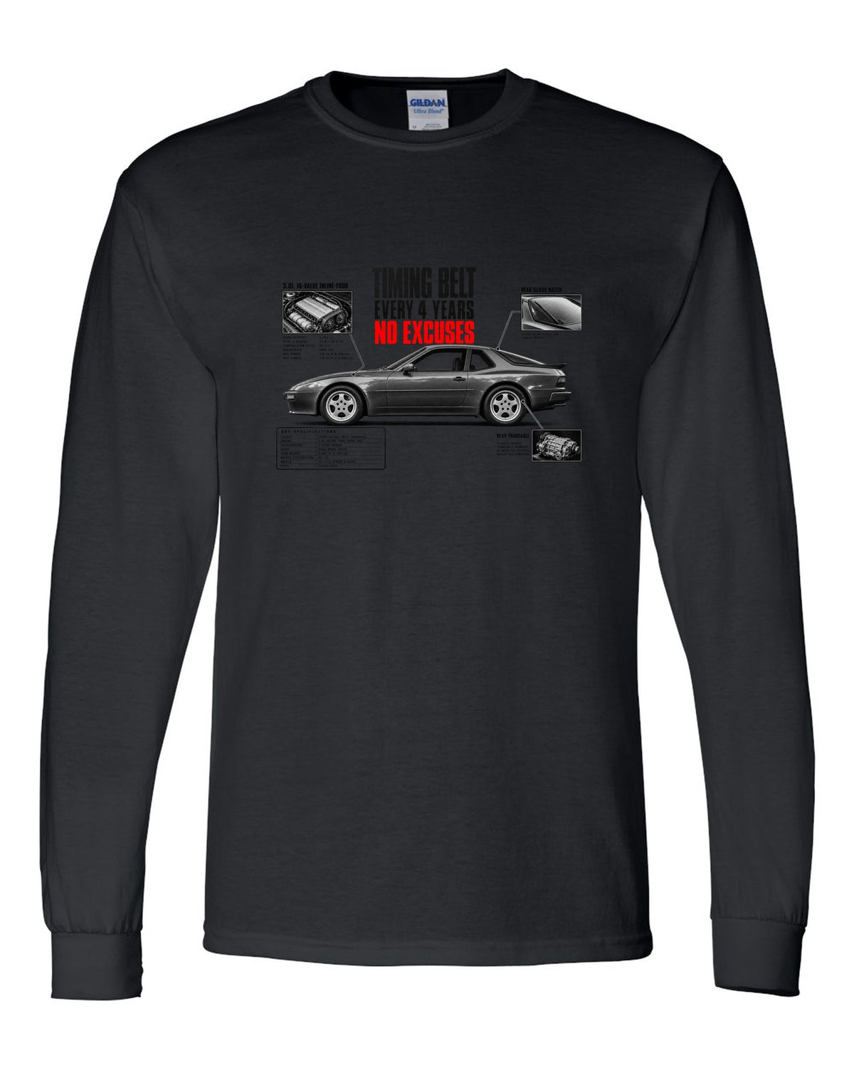 Spec poster print for a Porsche 944 S2 with a timing belt every 4 years caption black long sleeve front view with the design