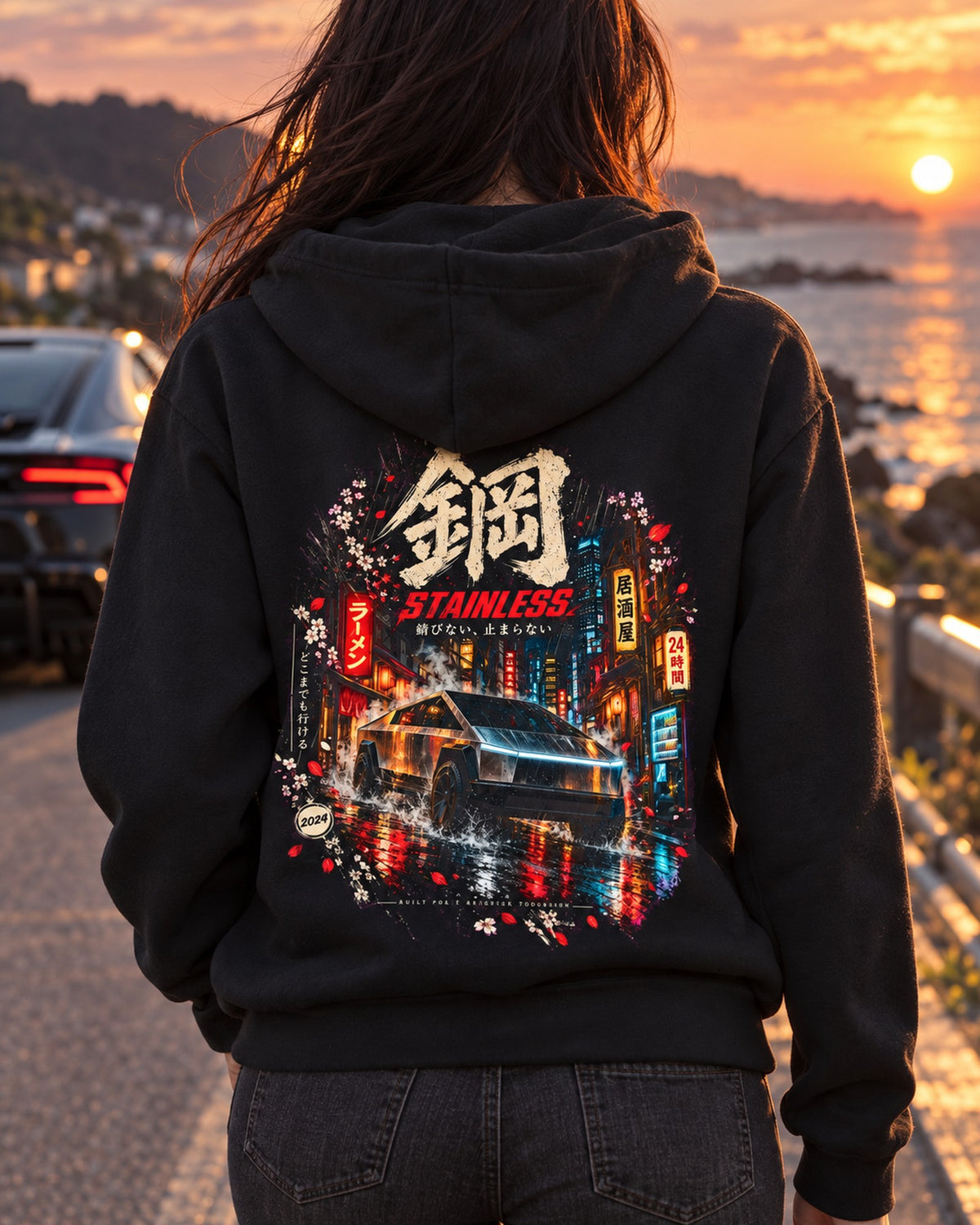 Tesla Cybertruck Stainless Shirt, Hoodie & More Zip Hoodie Black worn hero
