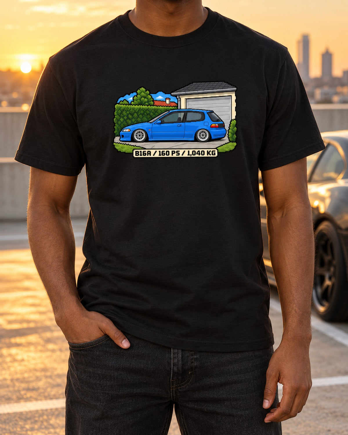 Honda Civic EG6 B16A Pixel Art Tee, 16-Bit Driveway Car Shirt T-Shirt Black worn hero