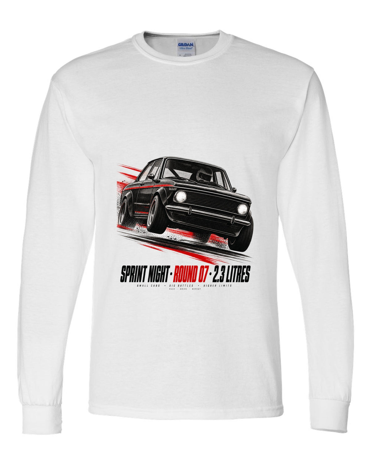 BMW E30 M3 race poster print titled Sprint Night Round 07 with 2.3 litres text white long sleeve front view with the design