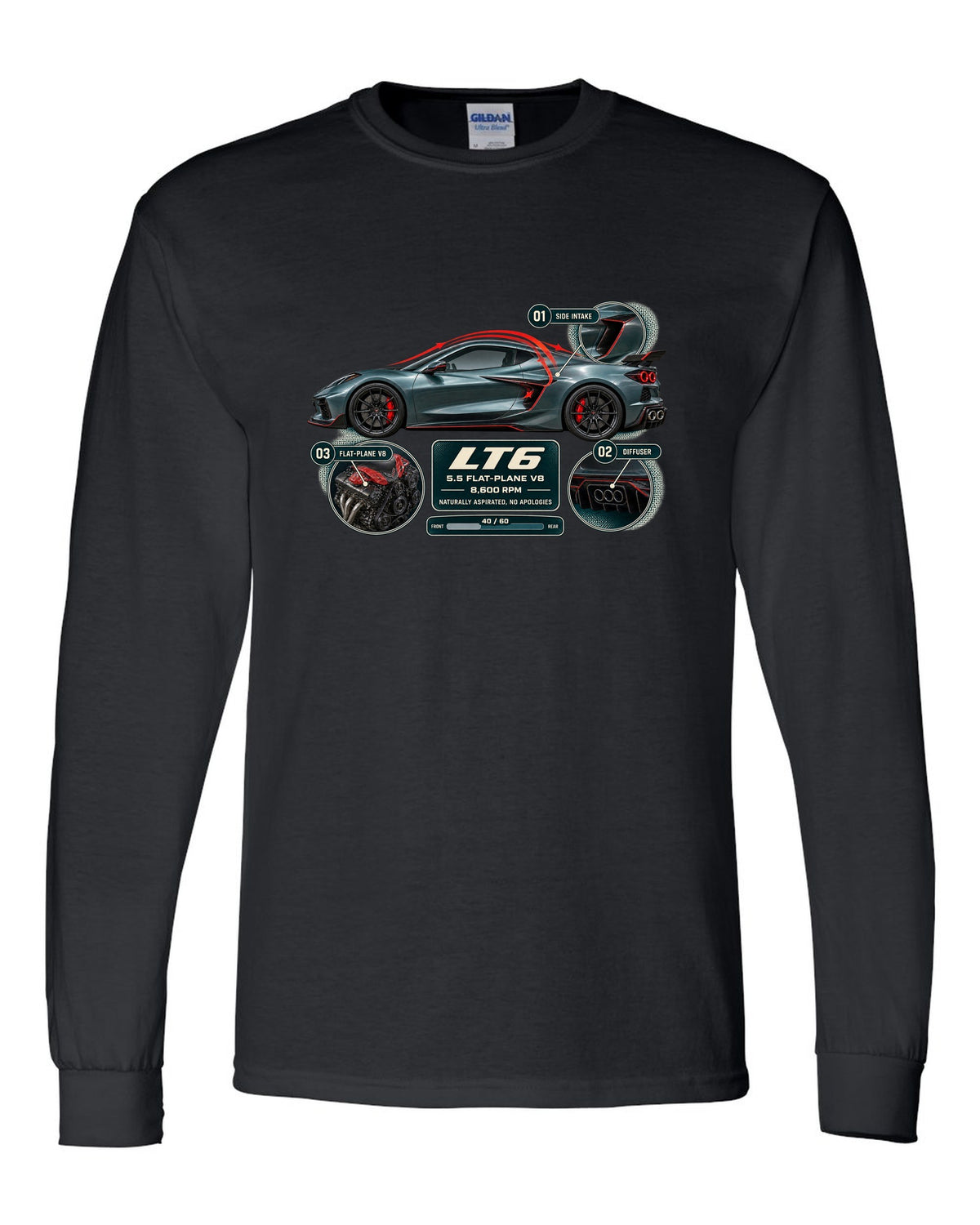 print aero cutaway callouts of a Chevrolet Corvette C8 Z06 in teal-grey black long sleeve front view with the design