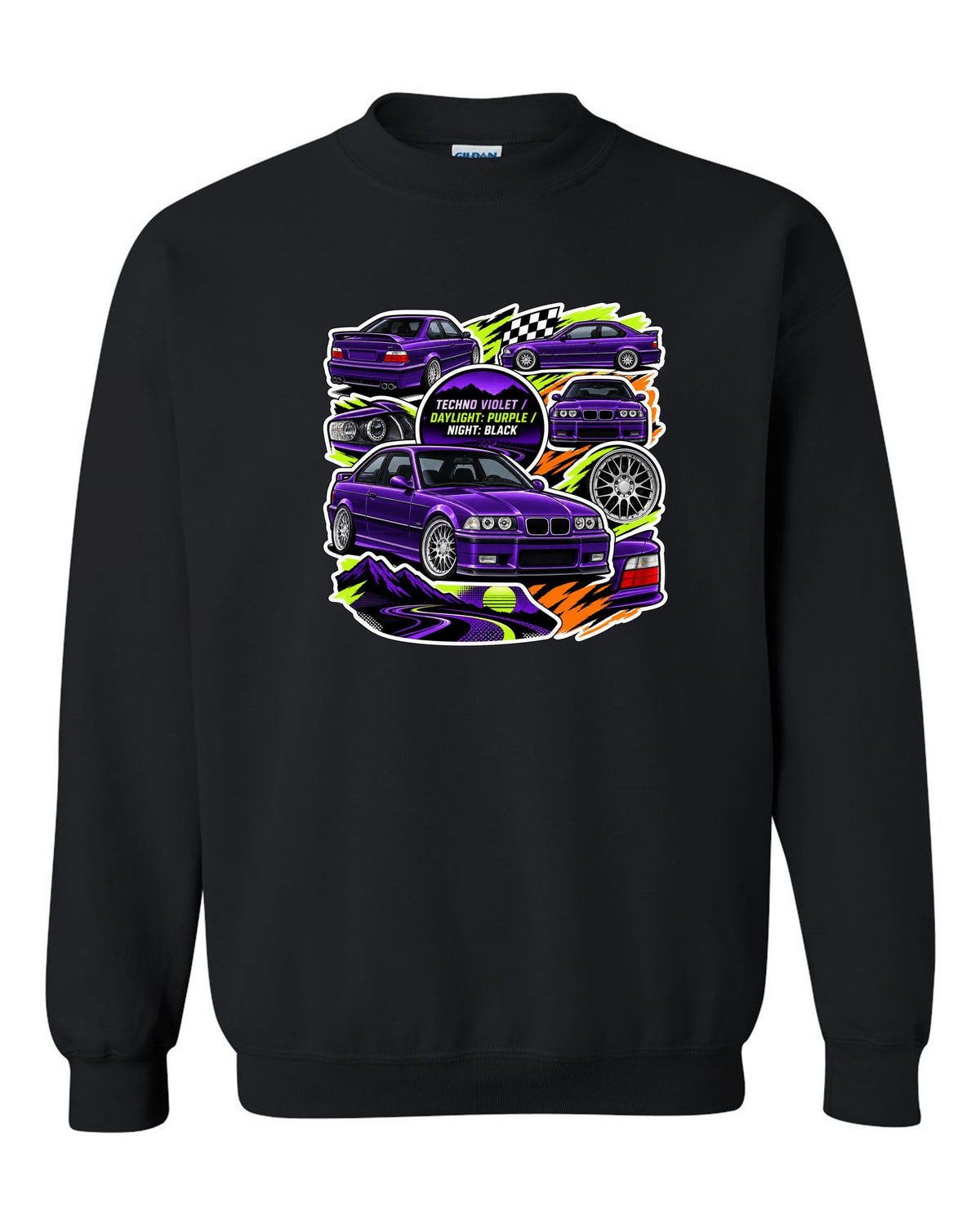 Sticker bomb collage print of a Techno Violet BMW E36 M3 with daylight purple night black text black crewneck front view with the design