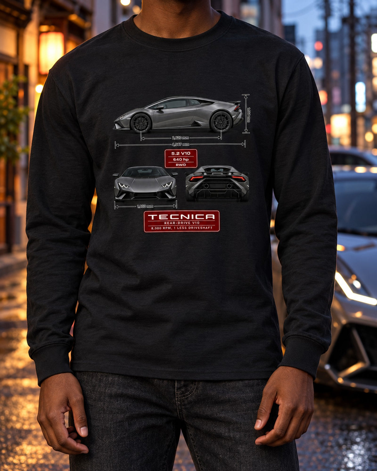 Lamborghini Huracan Tecnica Three-View Spec Table Shirt Long Sleeve Black worn hero