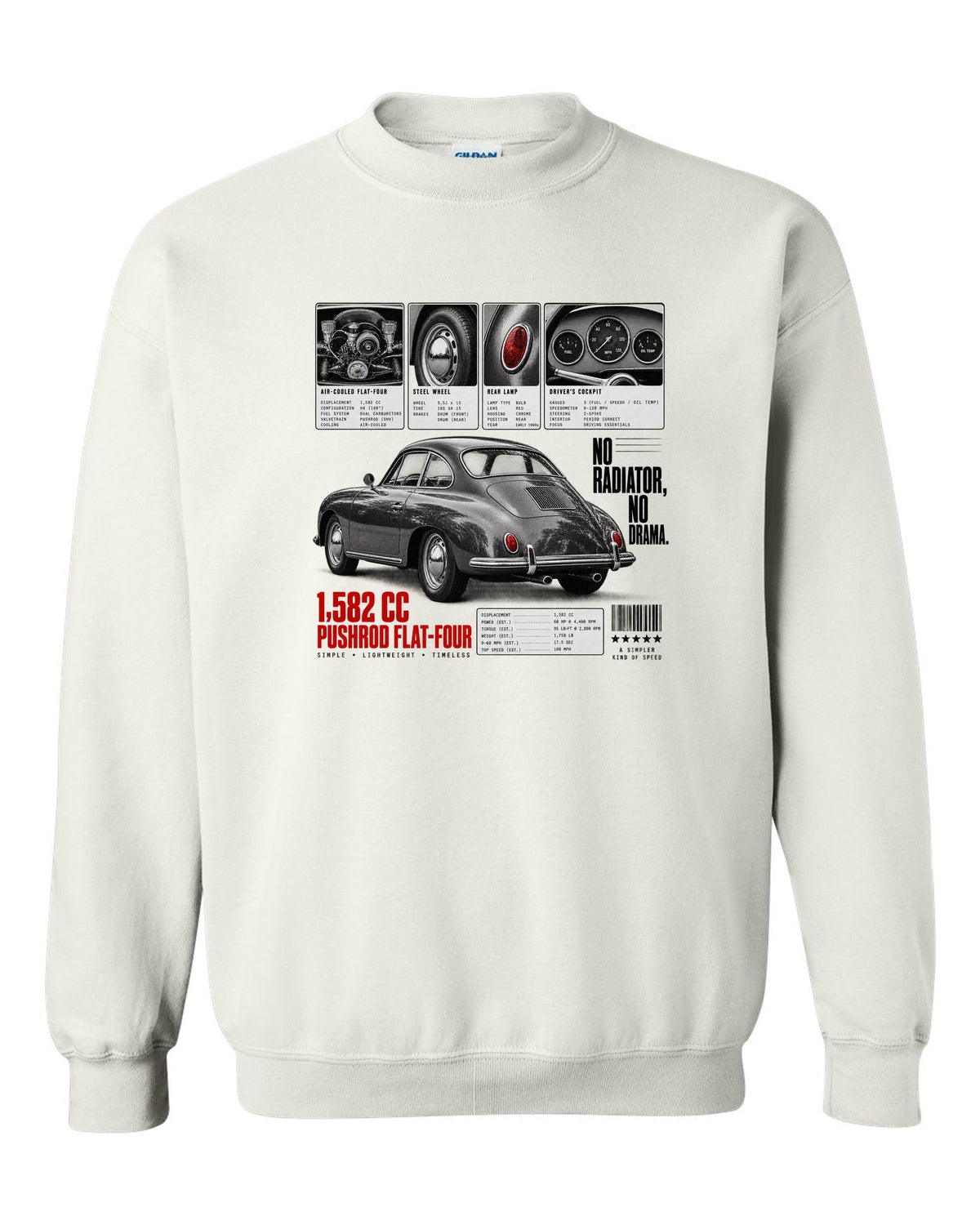 Dossier panel print of a Porsche 356 B coupe with 1,582 cc flat-four and no radiator text white crewneck front view with the design