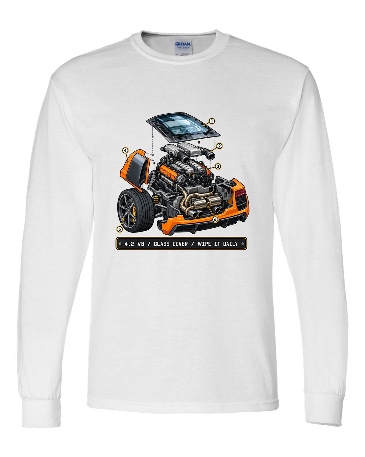Isometric exploded view print of the Audi R8 Type 42 4.2 V8 with glass cover white long sleeve front view with the design