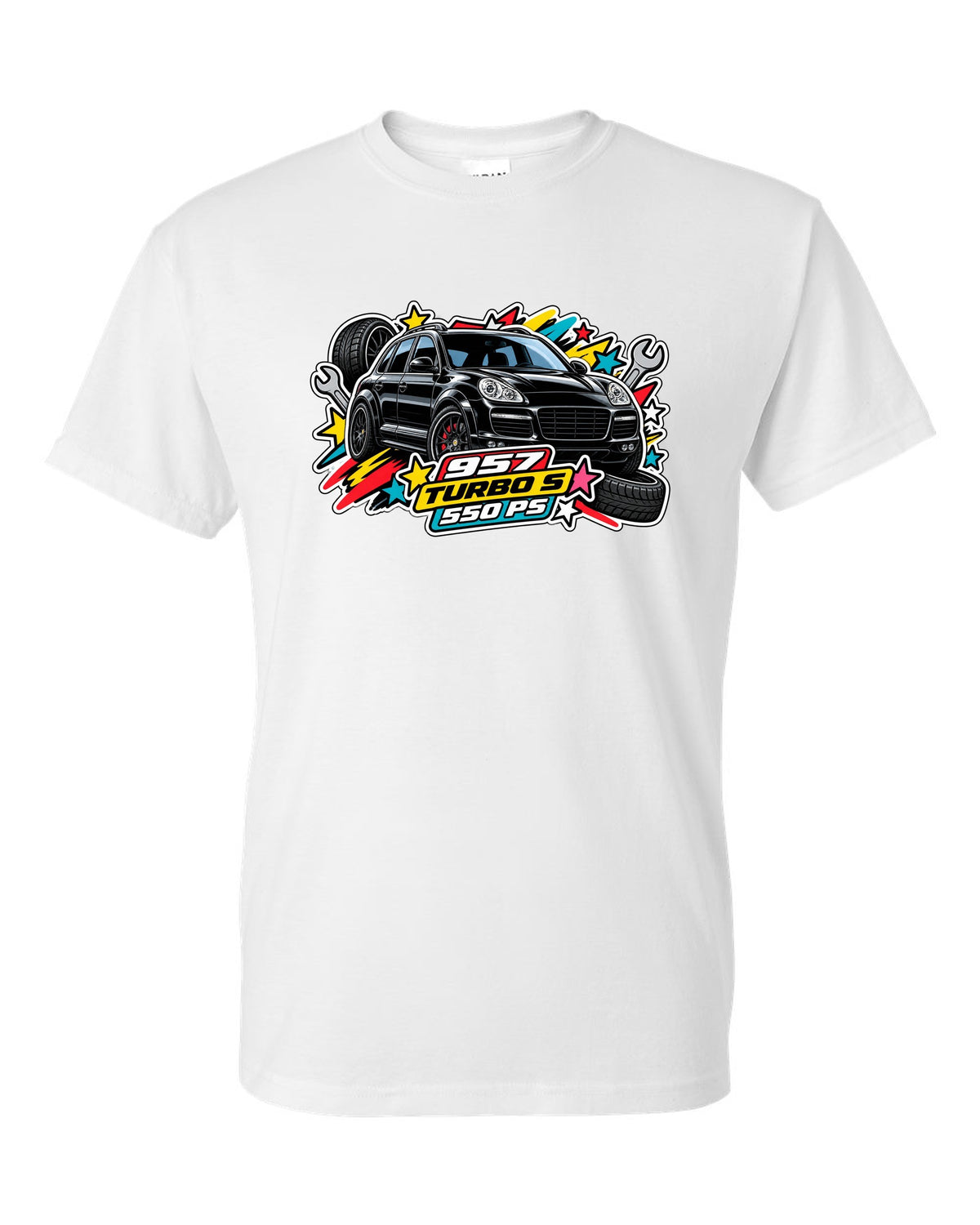 Porsche 991 R patent line art coupe design with 6-speed and 991 built text white t-shirt front view with the design
