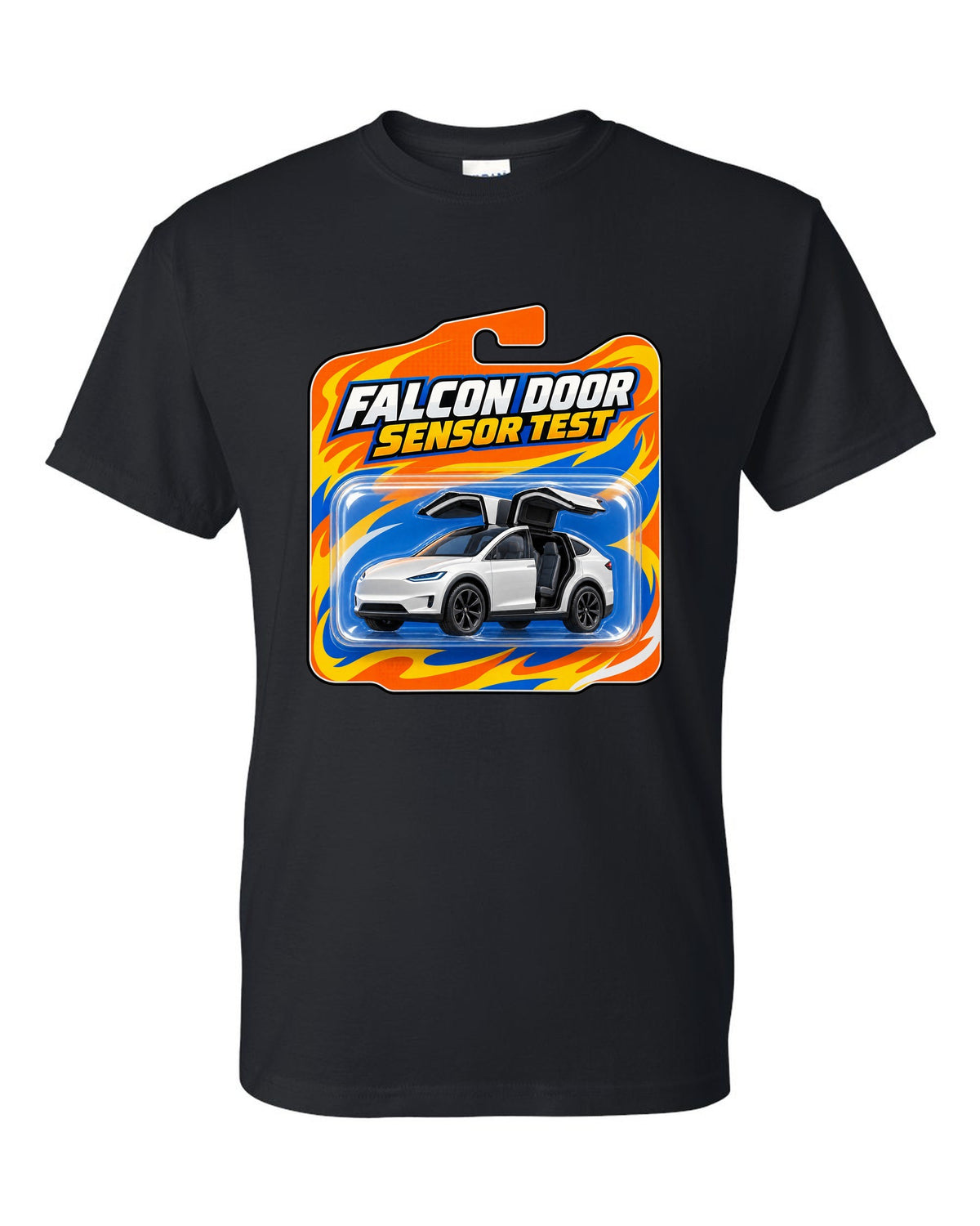 Toy blister card style print of a Tesla Model X reading Falcon Door Sensor Test black t-shirt front view with the design