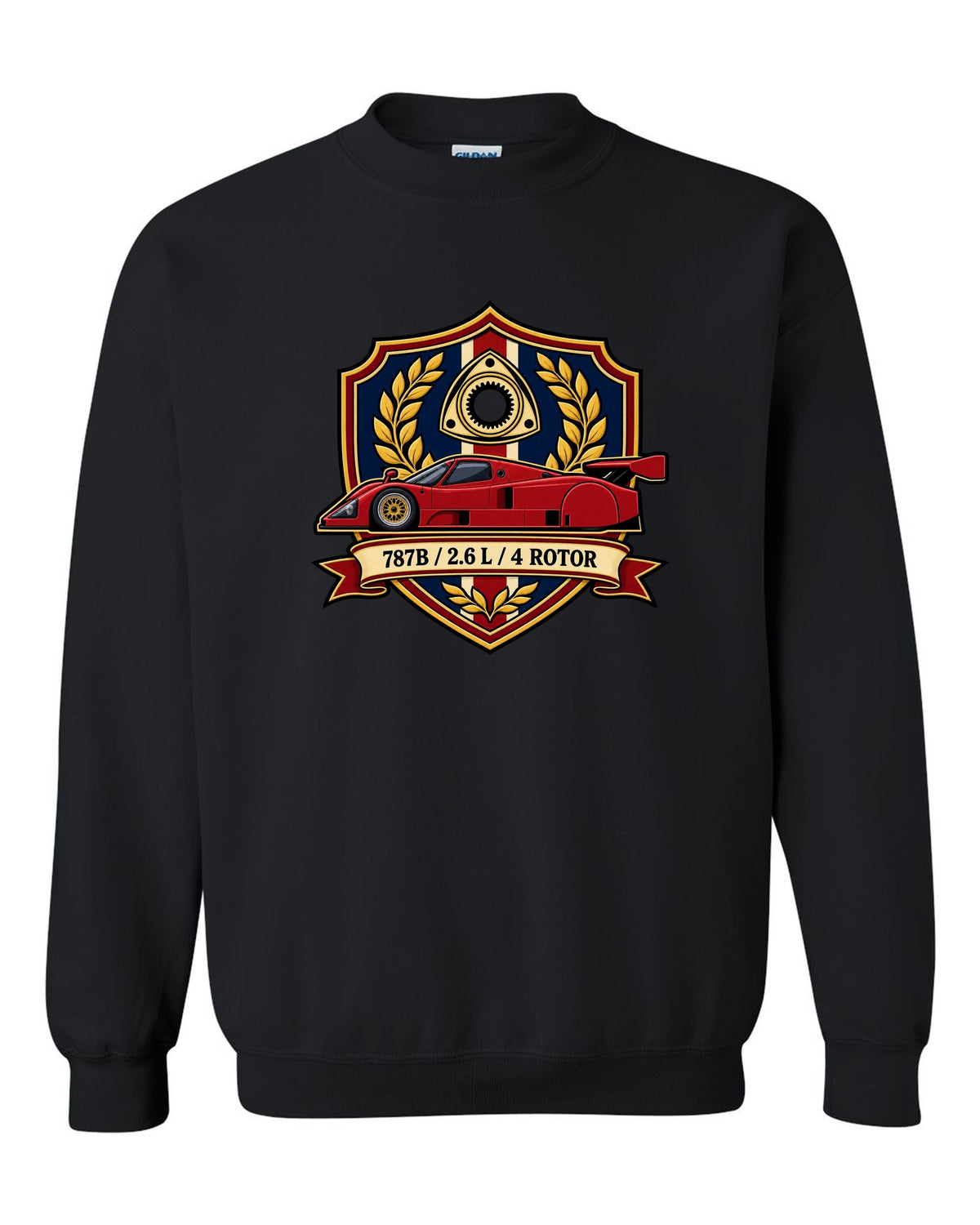 Comic halftone pop art design of the Mazda 787B with R26B SCREAMS / 9000 RPM lettering black crewneck front view with the design