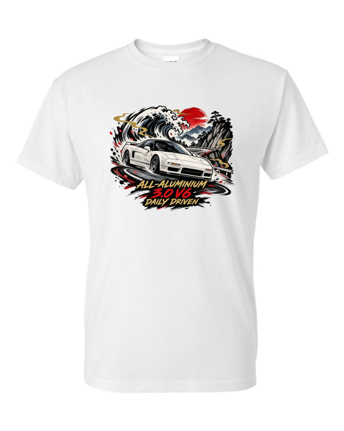 Sumi-e ink wave style print of a Honda NSX NA1 with all-aluminium 3.0 V6 daily driven text white t-shirt front view with the design