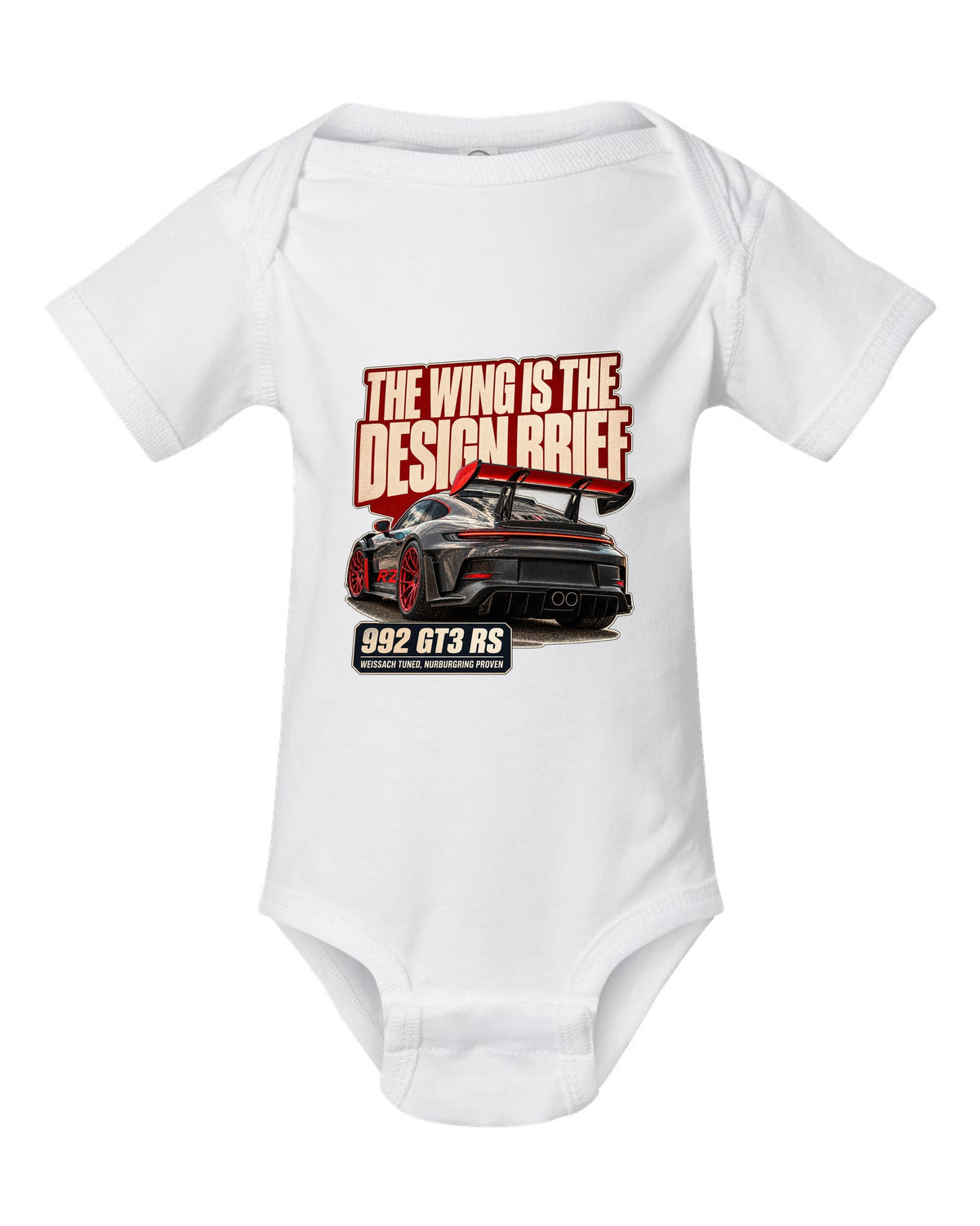 Porsche 992 GT3 RS editorial headline print design white baby onesie front view with the design