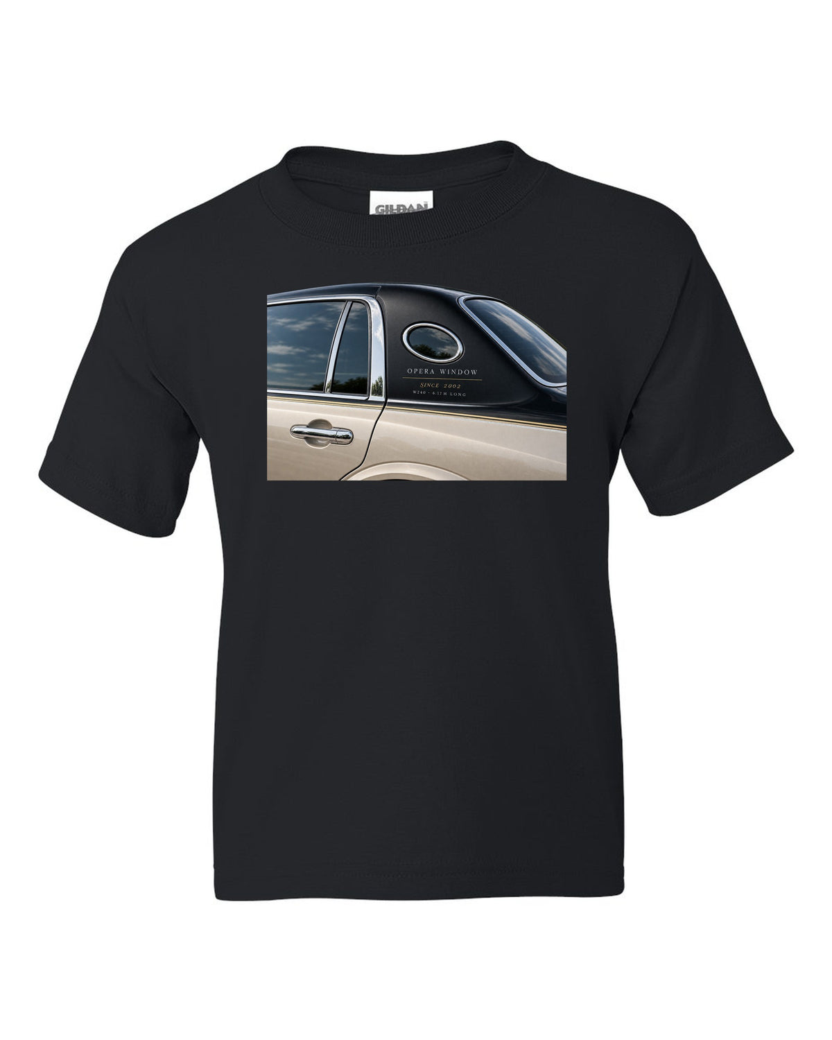 Detail macro print of a Maybach 62 W240 opera window with Since 2002 lettering black kids tee front view with the design