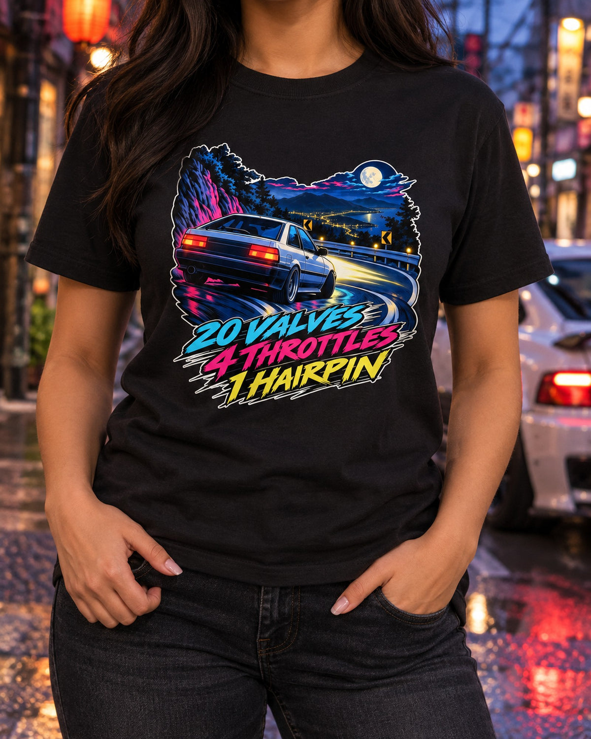 Toyota Corolla AE101 Cel-Shaded Touge Tee, 20 Valves 4 Throttles T-Shirt Black worn hero