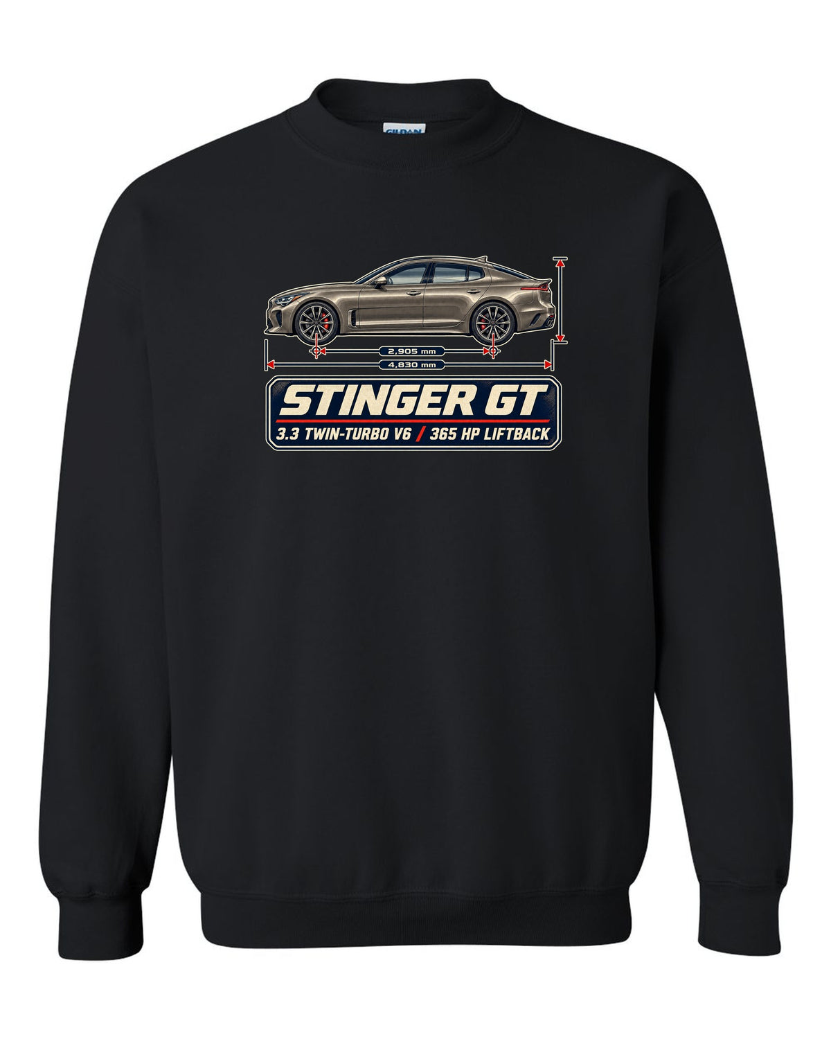 Kia Stinger GT dimension blueprint print on a shirt black crewneck front view with the design
