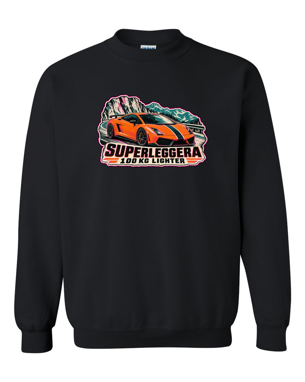 Risograph-style Lamborghini Gallardo Superleggera design with 100 KG lighter lettering black crewneck front view with the design