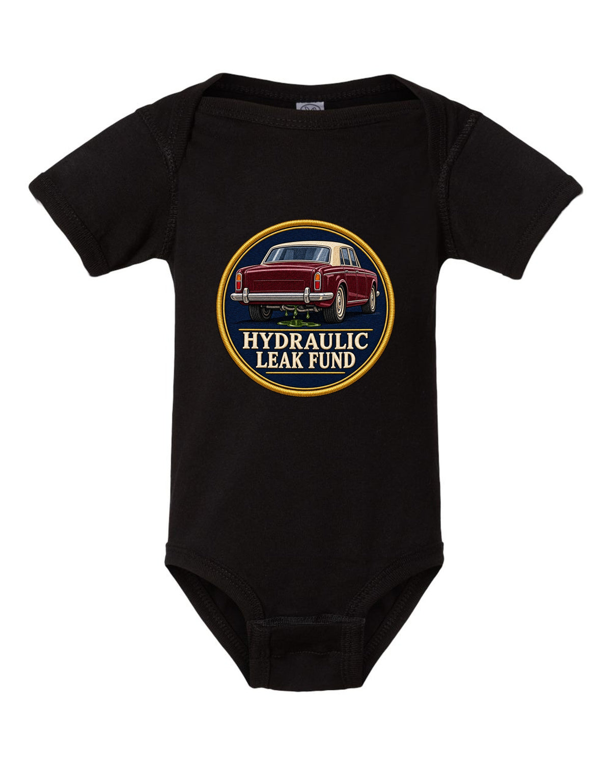 Art Deco line drawing print of a 1952 Bentley R-Type Continental with leak fund lettering black baby onesie front view with the design