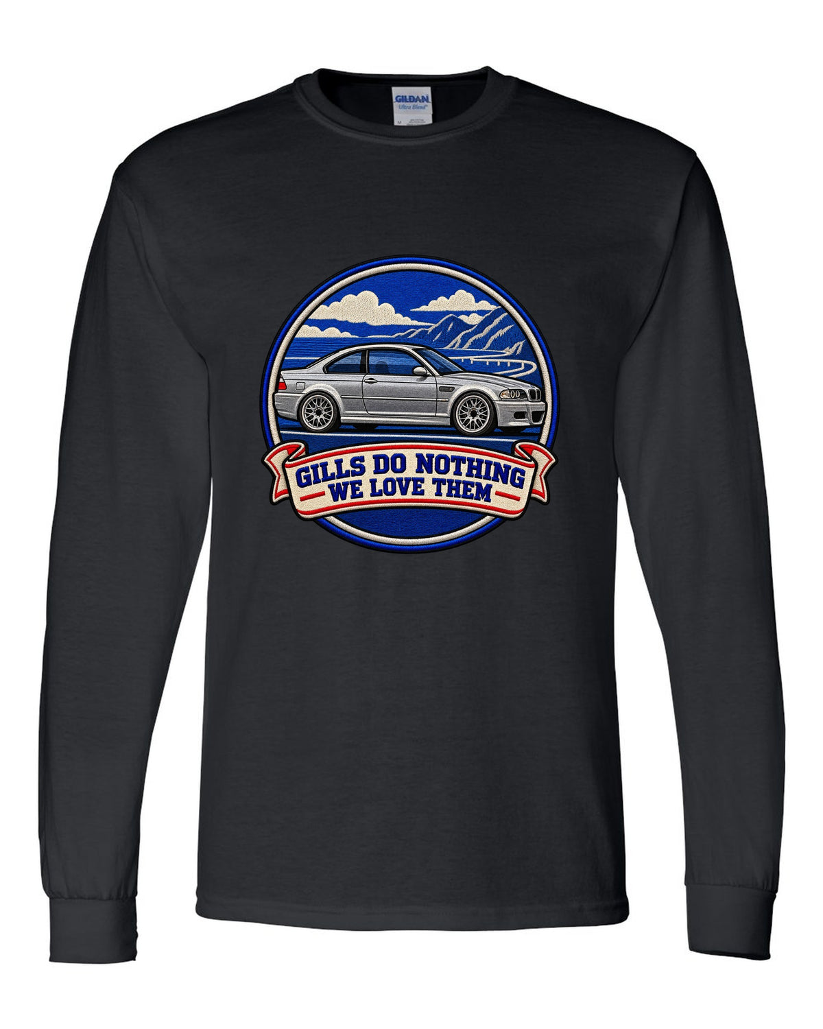 Varsity crest style print of a BMW E46 M3 coupe with gills do nothing we love them text black long sleeve front view with the design