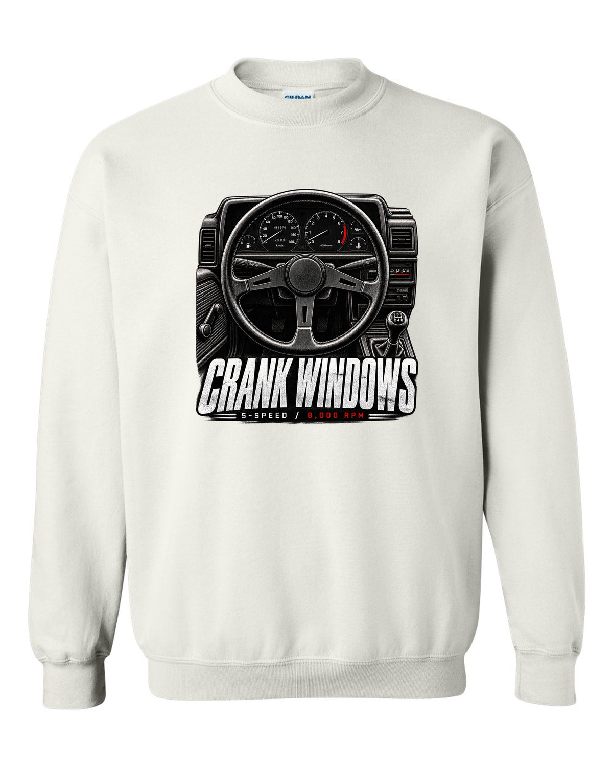 print of a Toyota AE86 interior cockpit with gauges and crank window lettering white crewneck front view with the design