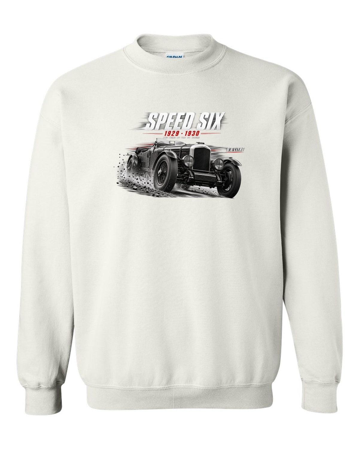 Bentley Speed Six Le Mans race poster 1929 and 1930 white crewneck front view with the design
